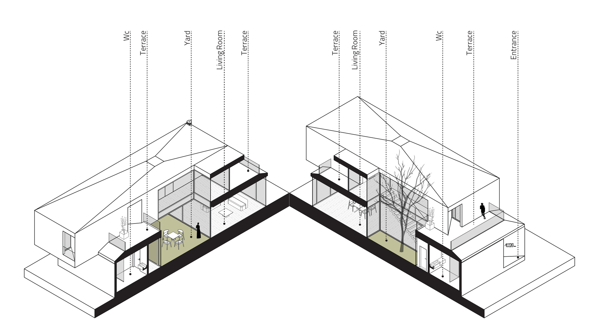 Axonometric drawing showing two angled wings with central courtyard space and a tree