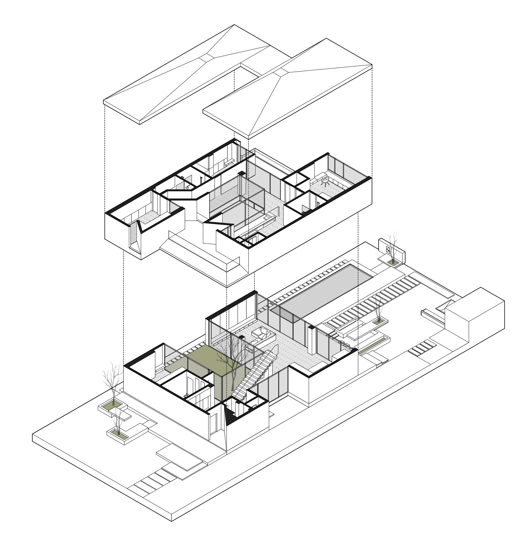 Exploded axonometric drawing showing three floor levels with sloped roof forms above