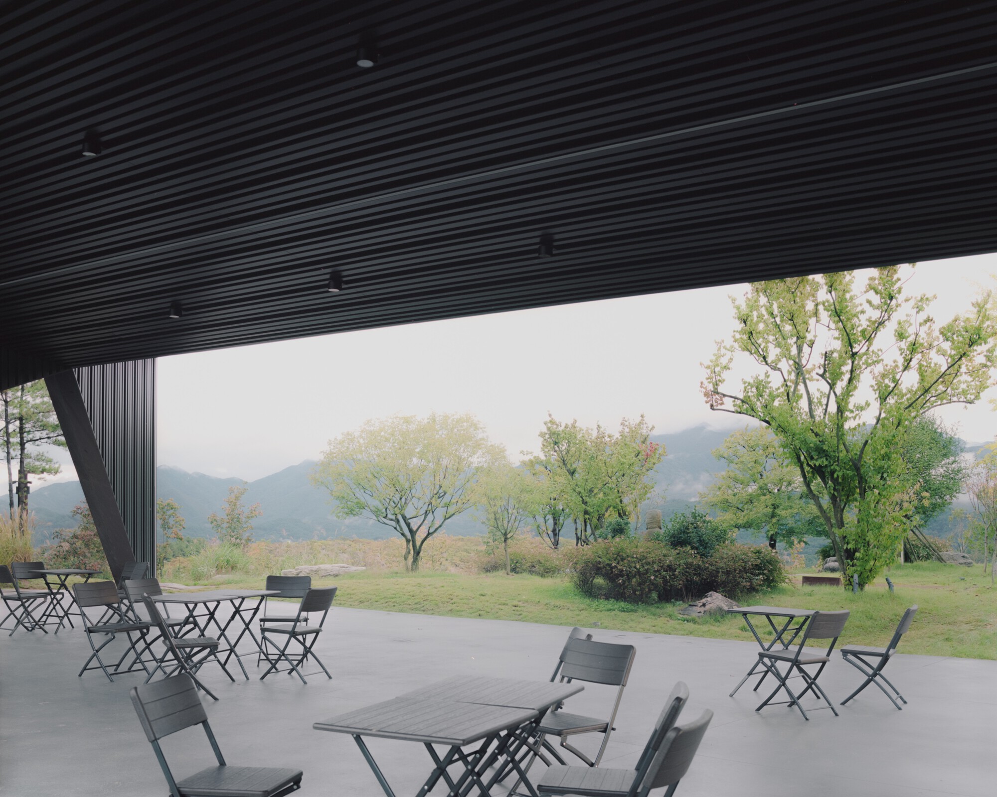 View from beneath the canopy toward scattered seating and a misty landscape with trees