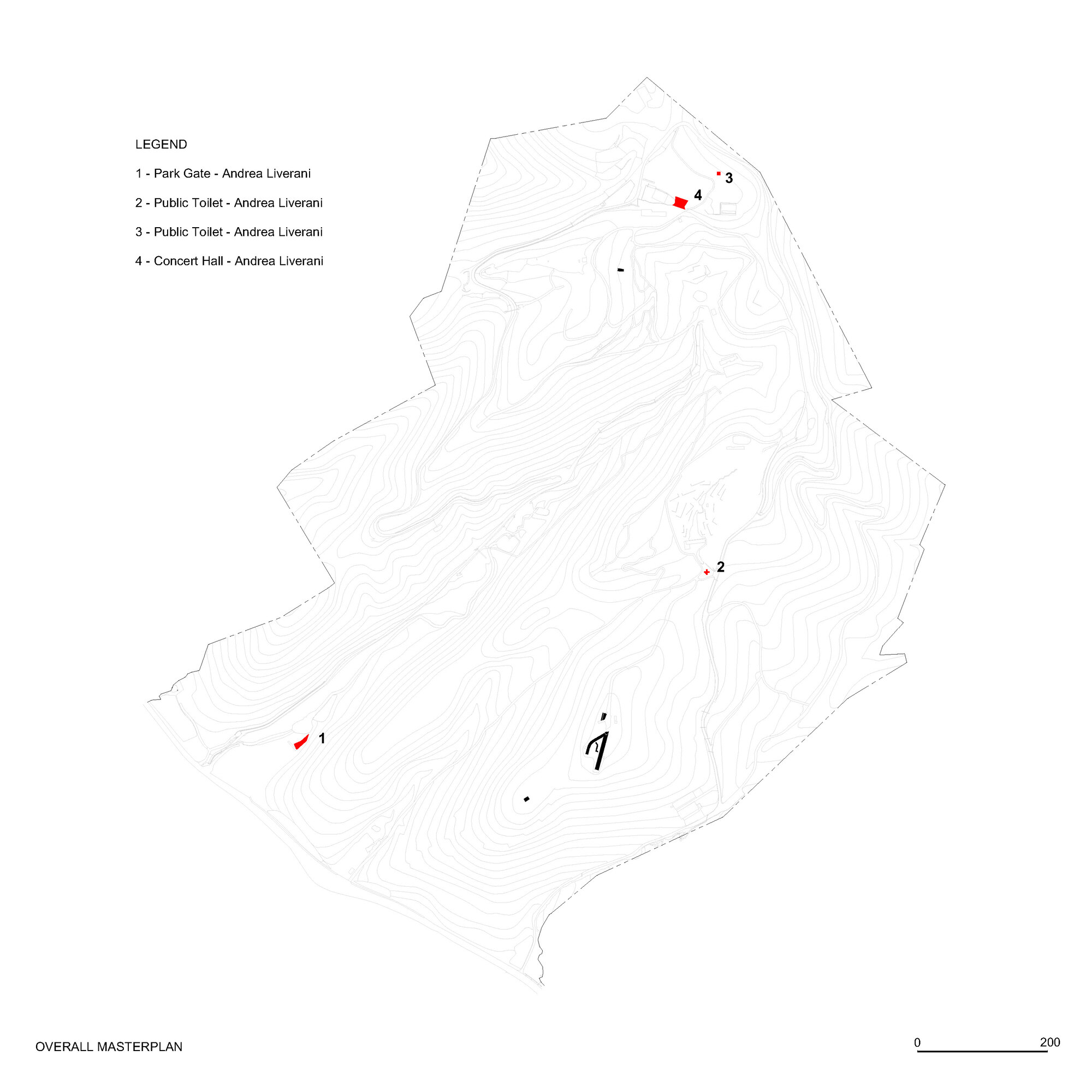 Site plan drawing with topographic contours and numbered markers indicating structure locations