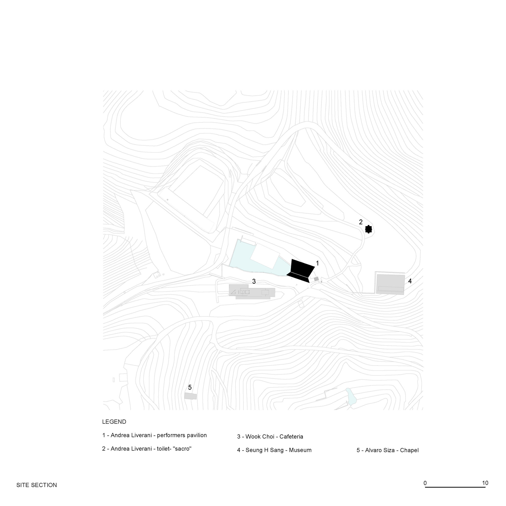 Site section drawing showing multiple pavilion volumes positioned along contoured terrain with labeled elements