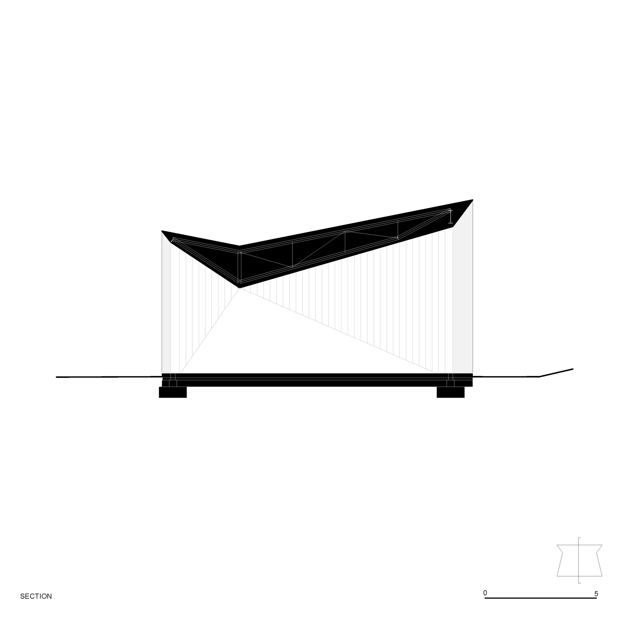 Section drawing showing a pavilion with an angular folded roof supported on elevated plinths