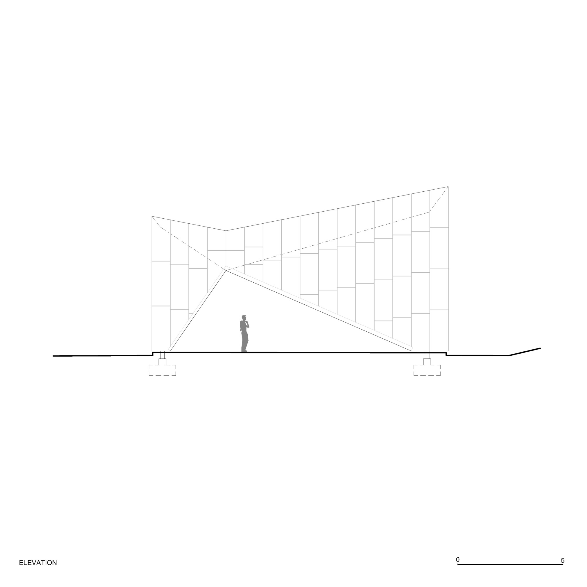 Elevation drawing of a faceted glass and steel facade with a standing figure for scale
