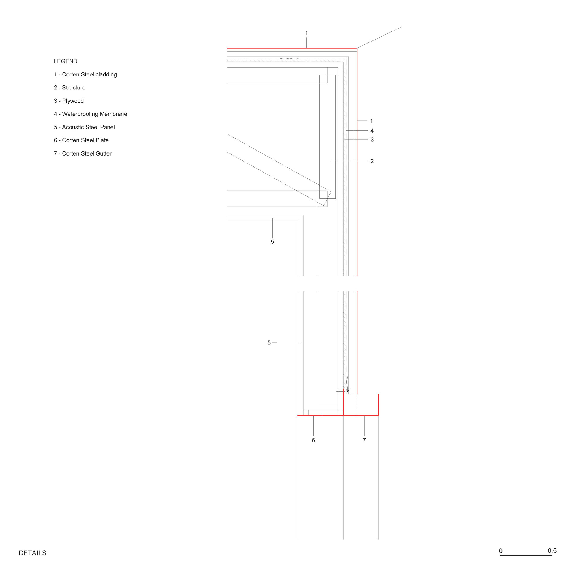 Detail drawing of the folded steel roof edge and vertical cladding connection with labeled material layers