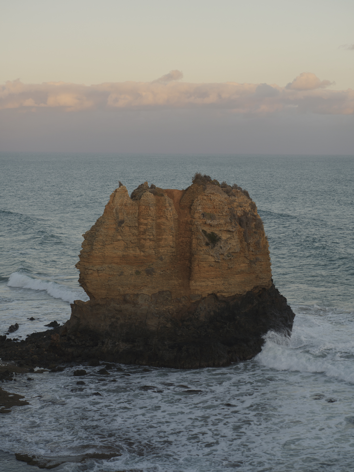 Coastal rock formation rising from the surf at dusk with a single bird perched on top