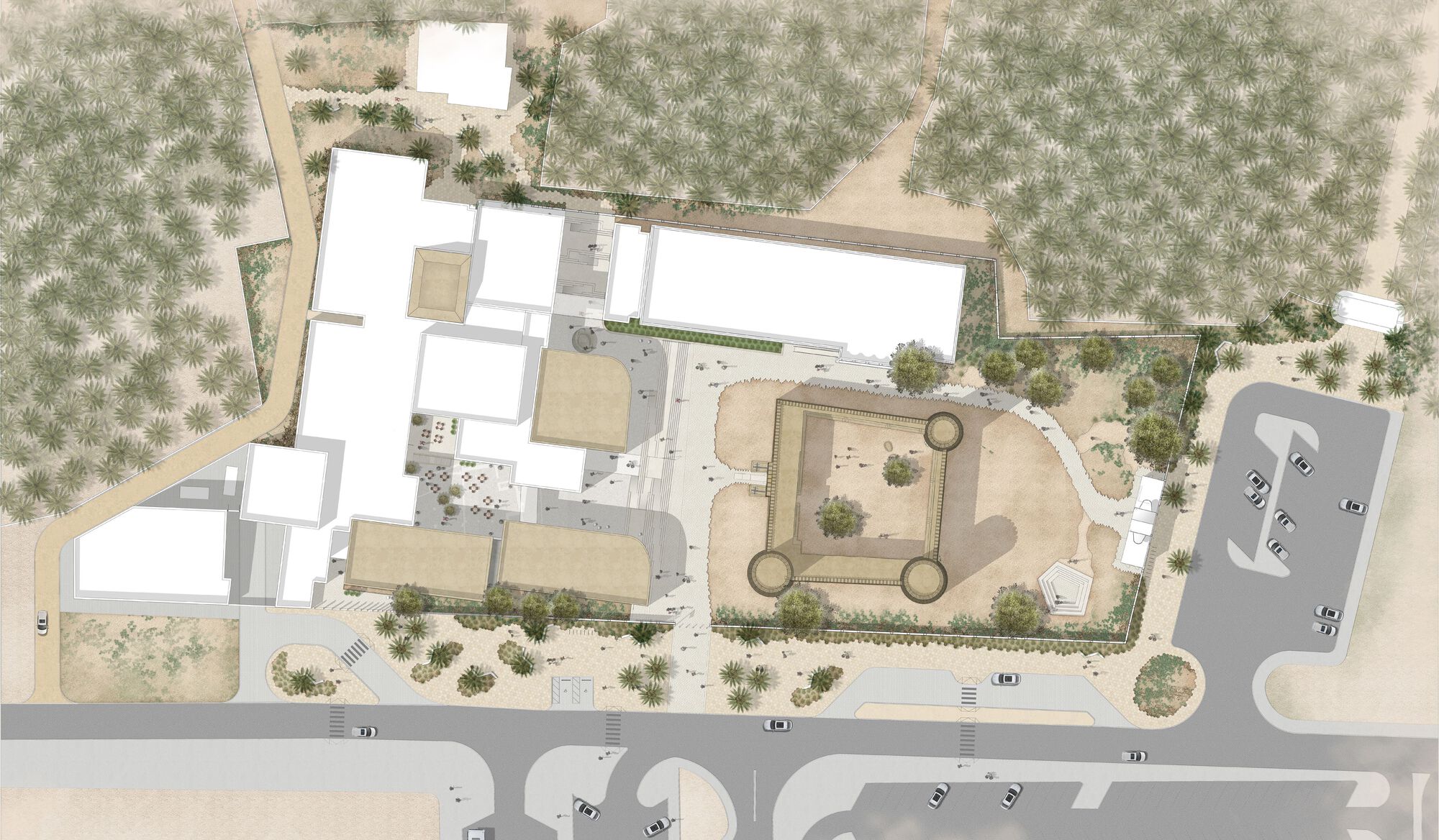 Site plan drawing showing clustered volumes among tree patterns and pathways in arid terrain