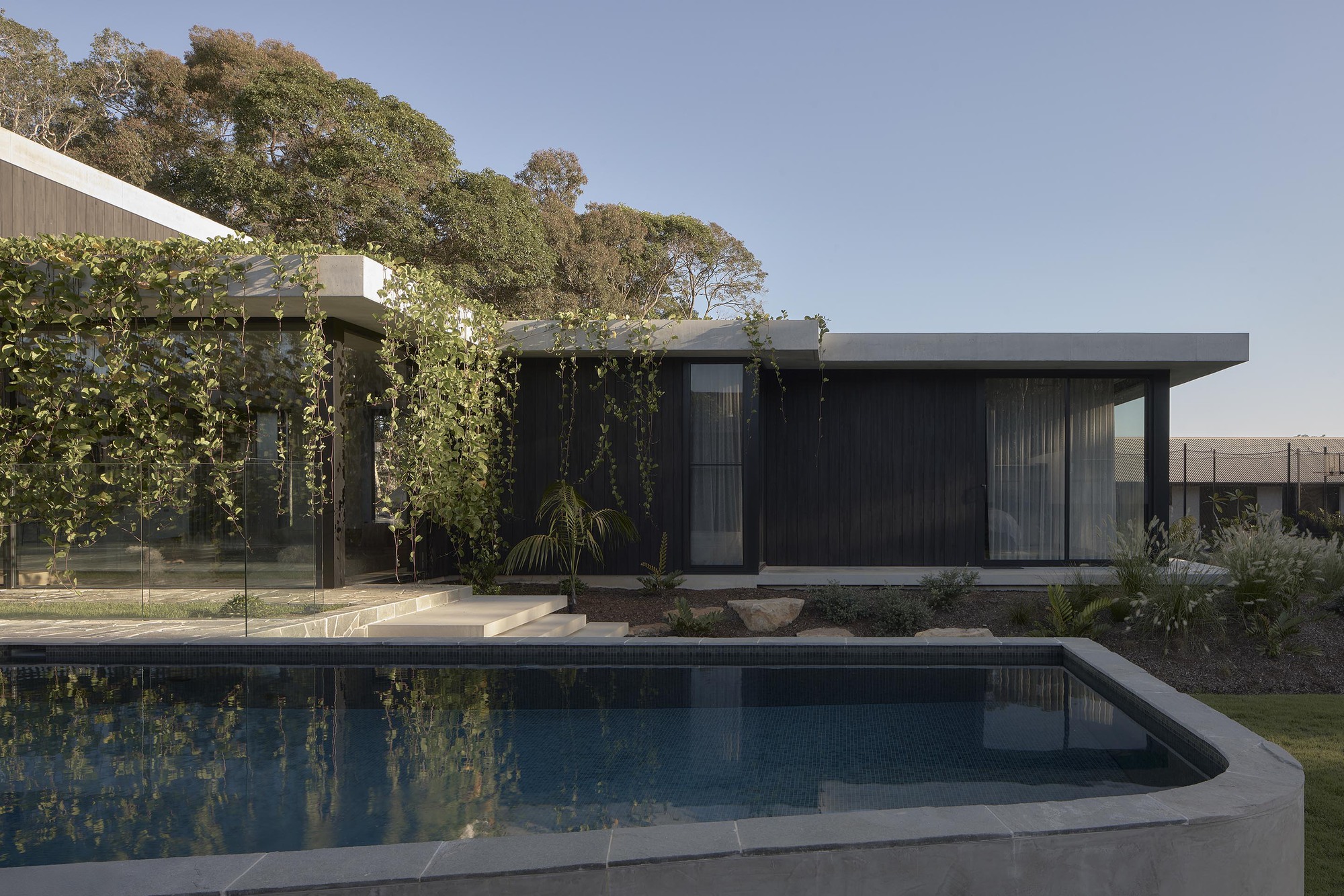 Poolside view of charred timber pavilion with vine-covered upper level at twilight