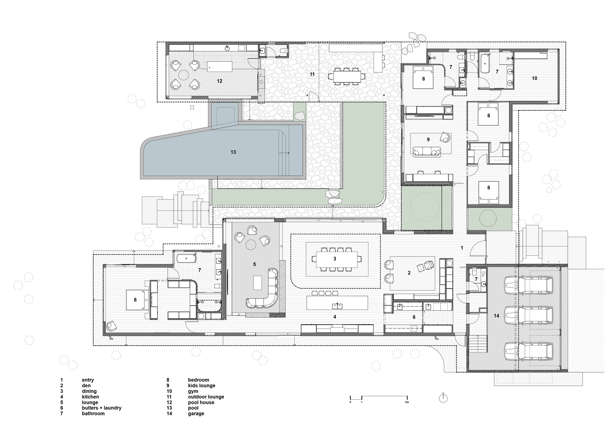 Floor plan drawing showing L-shaped residence with pool and courtyard arrangement