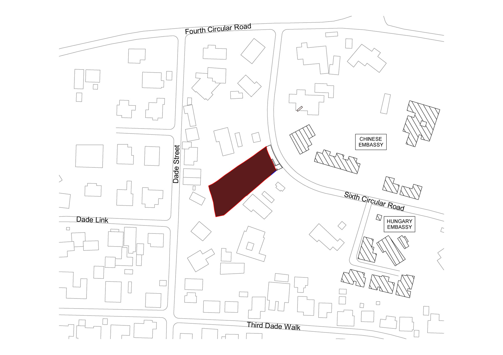 Site plan drawing highlighting the building footprint in relation to neighboring embassy complexes