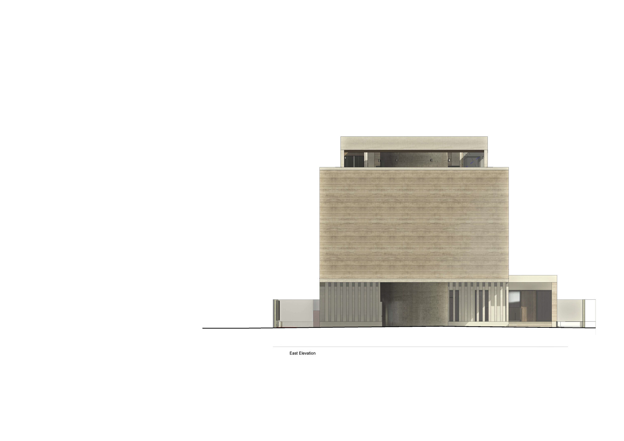East elevation drawing depicting a stacked composition with brick volume over recessed glazed ground level