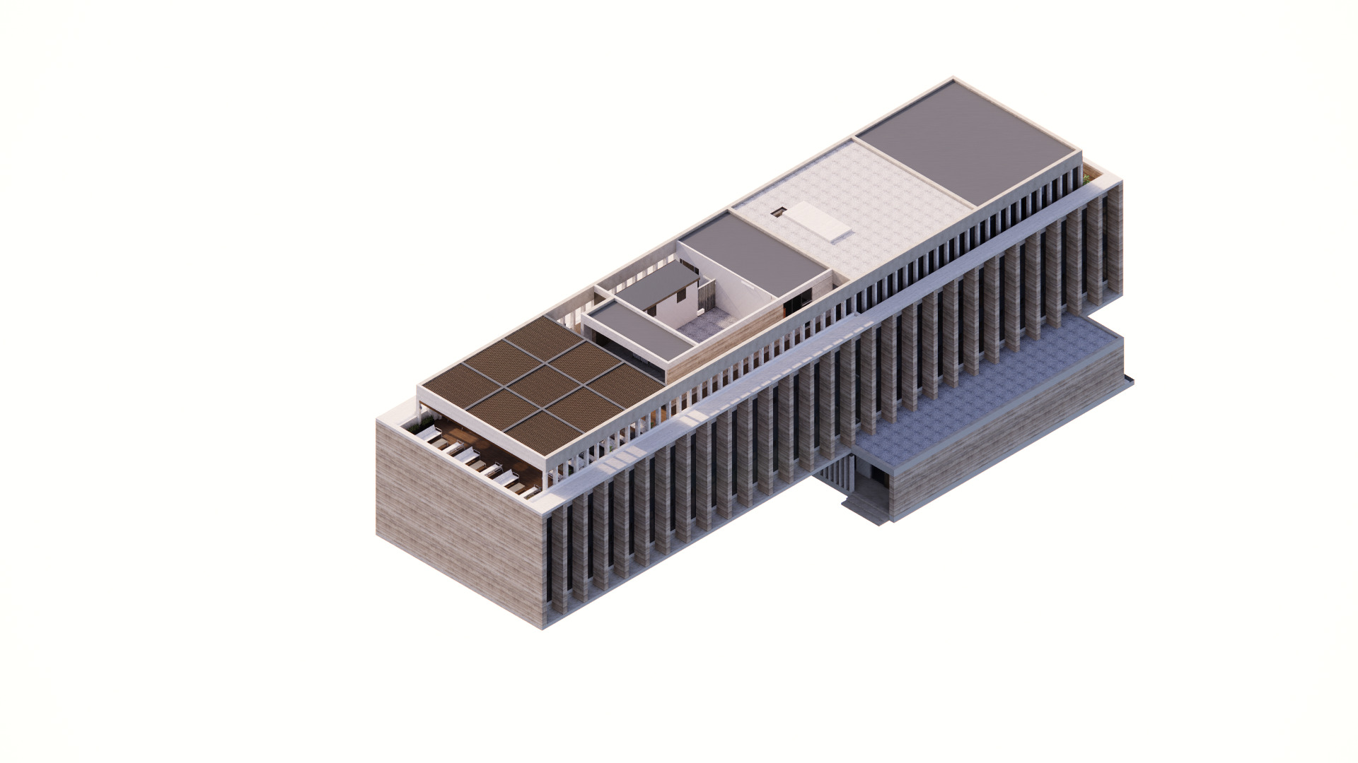 Axonometric drawing showing a linear building with vertical louvers and rooftop solar panels