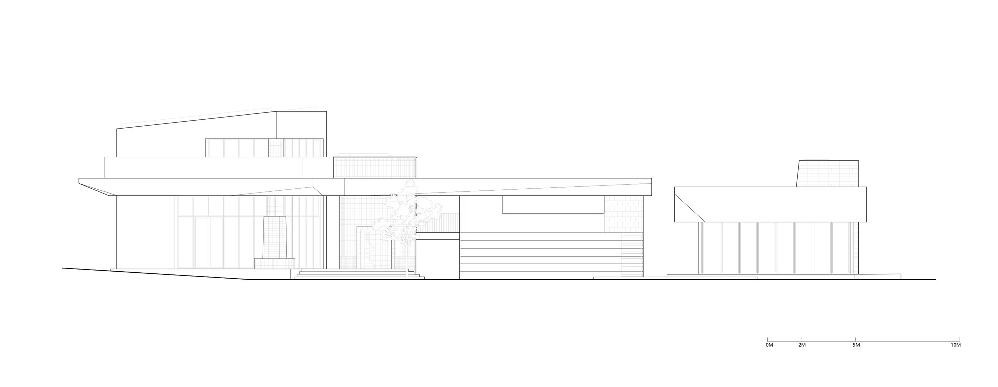 Elevation drawing displaying a horizontal composition of interconnected volumes with vertical slatted screens
