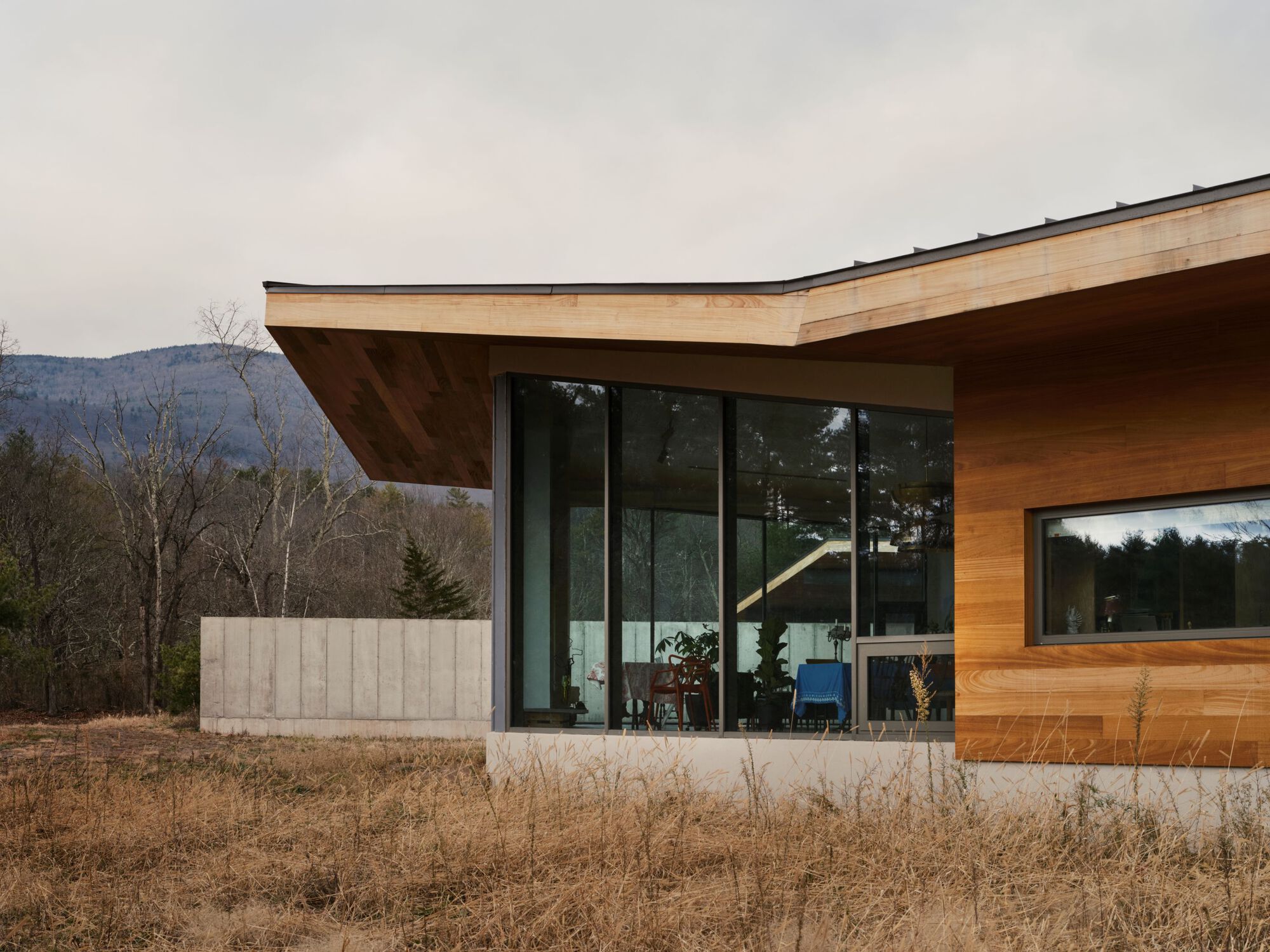 Corner detail of the angled timber roof overhang above floor-to-ceiling glazing and board-formed concrete wall