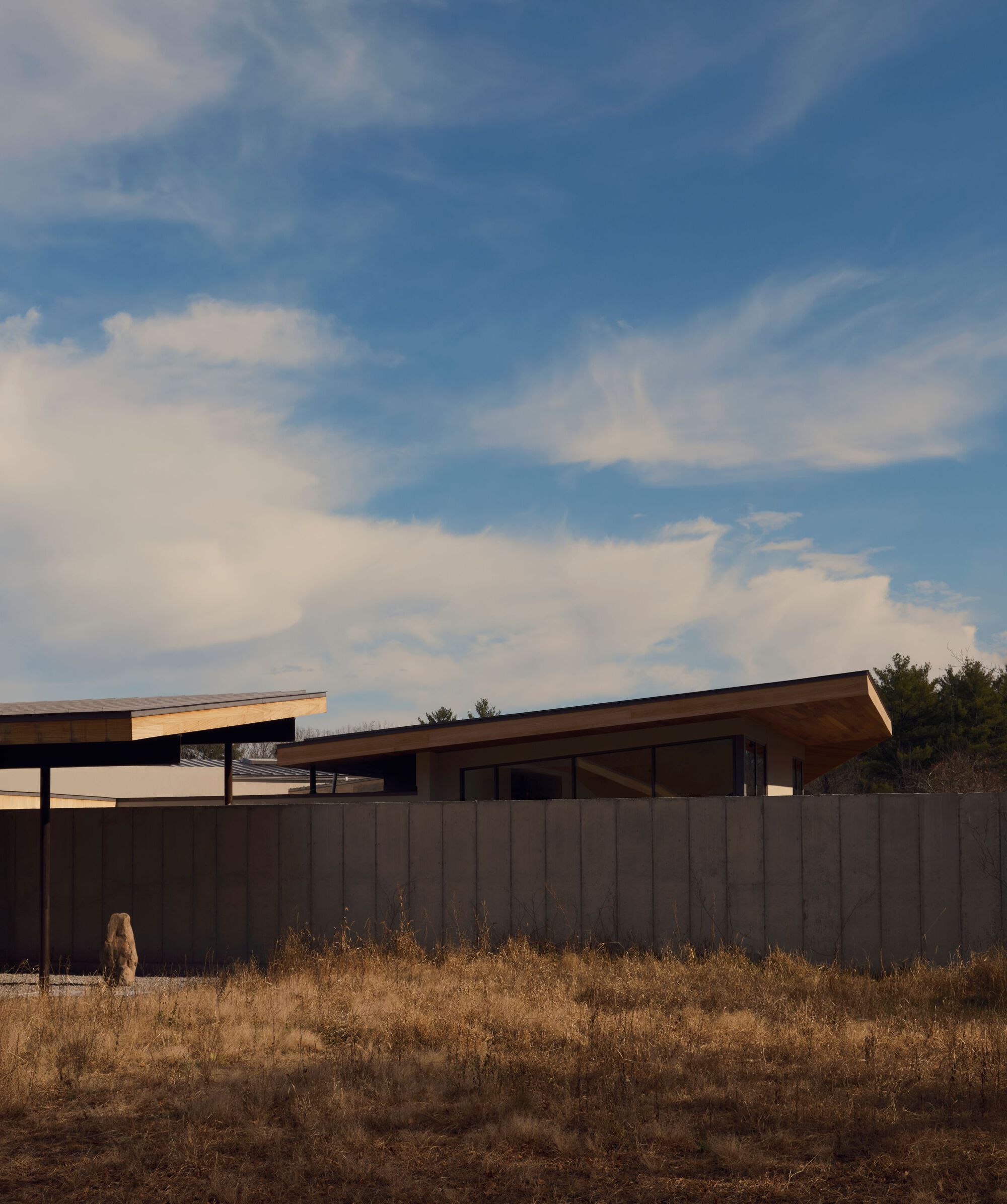 Angled roof planes extending over board-formed concrete walls in a dry grassland at dusk