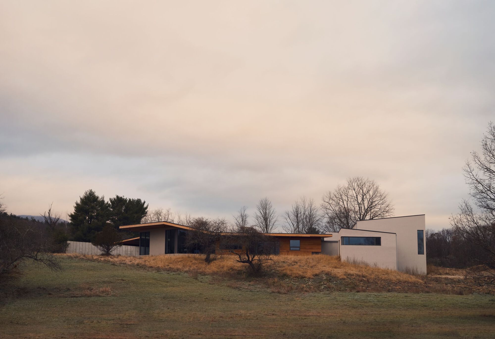 Low-slung residence with sloping rooflines set among bare winter trees and dormant grass