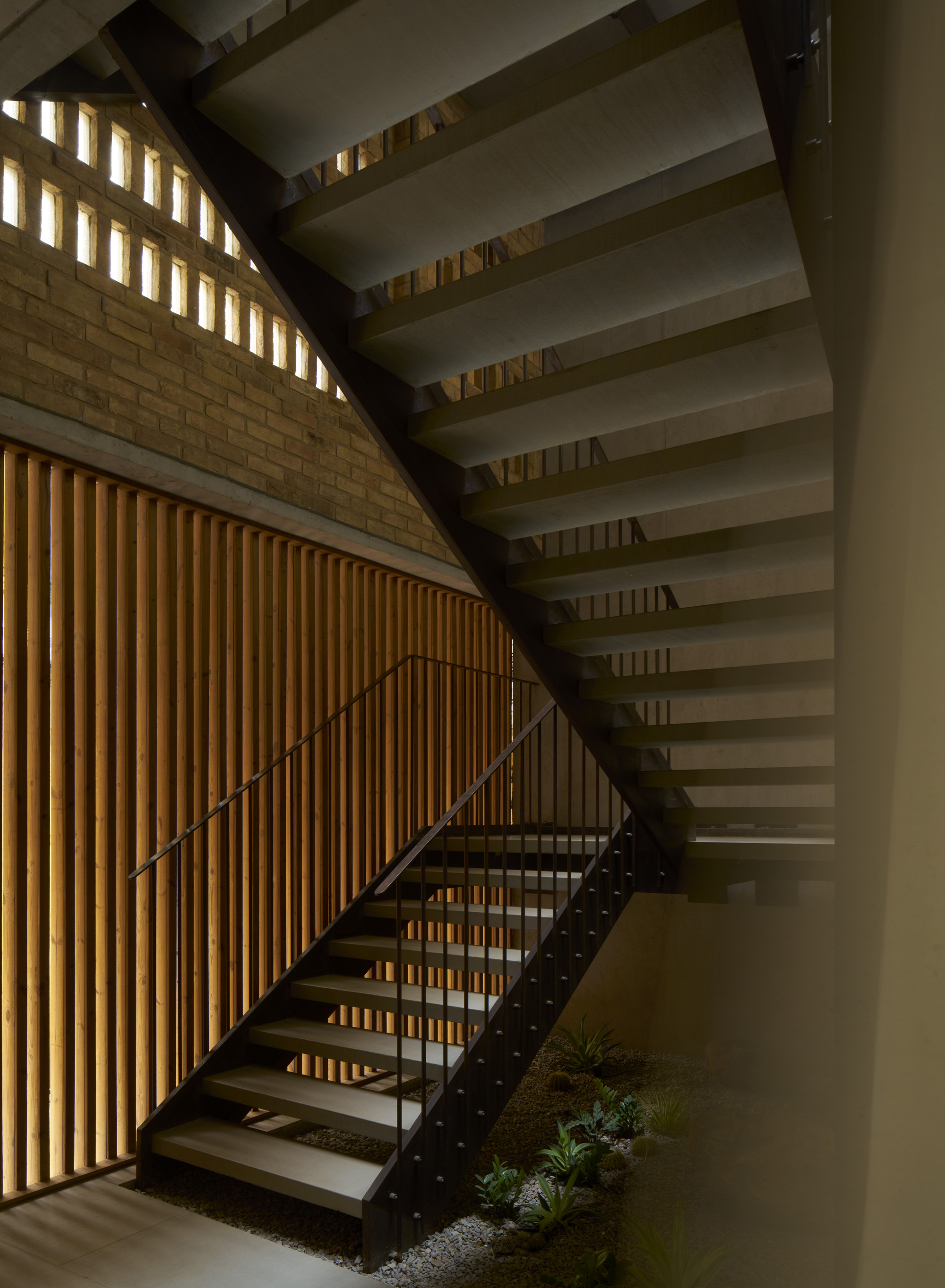 Steel staircase ascending beside vertical timber slat wall with planted bed at base