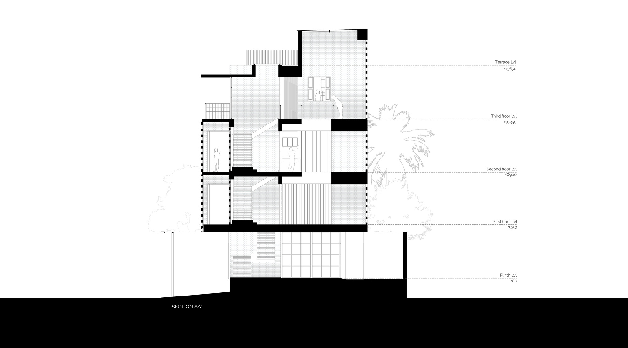 Section drawing showing four stacked floor levels with vertical circulation and labeled floor datums