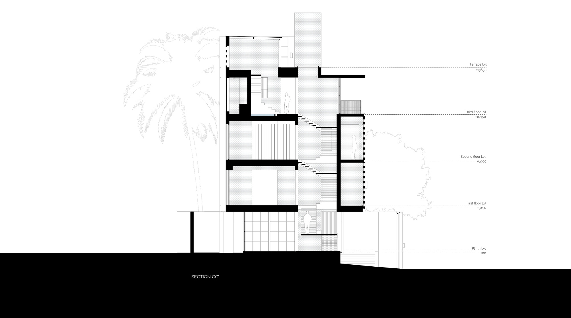 Section drawing showing stepped floor plates with staircase connecting levels and adjacent palm trees