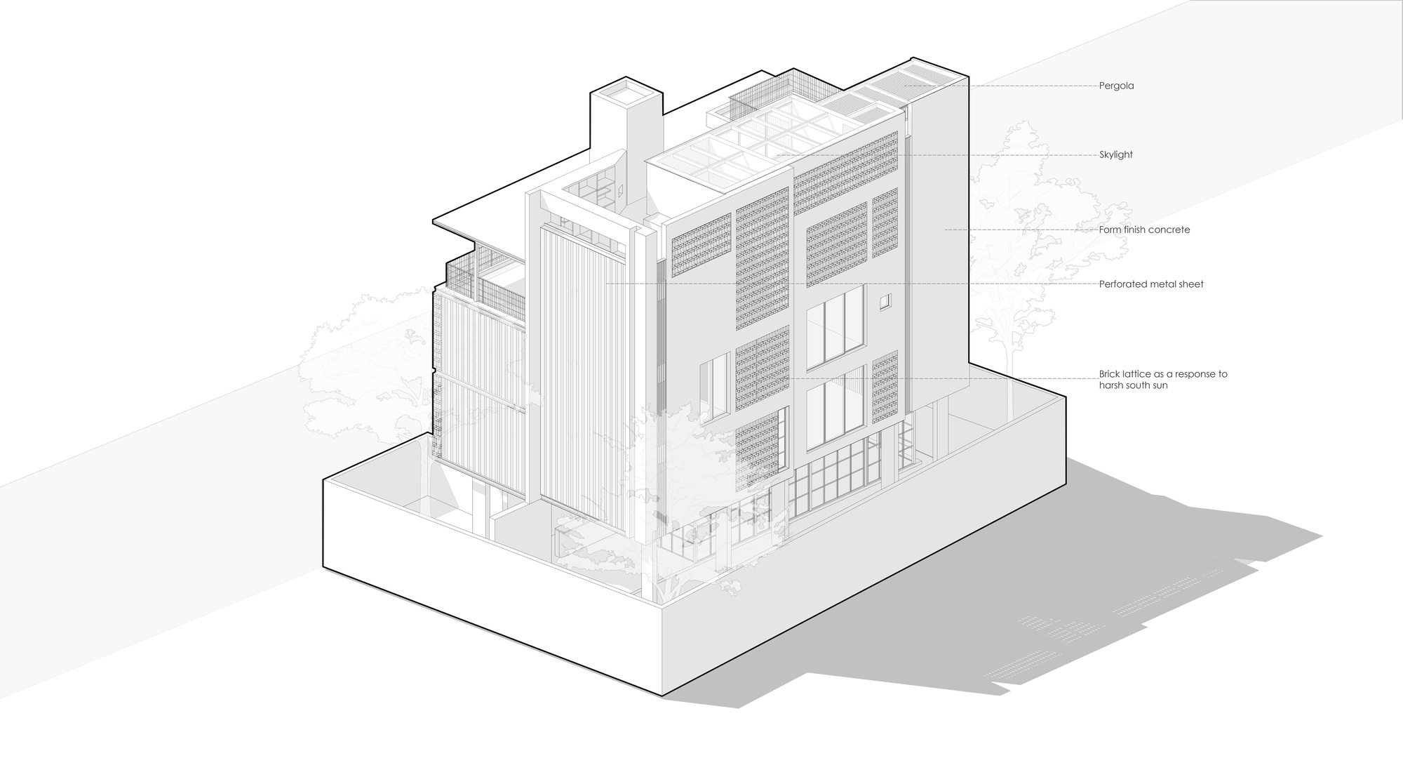 Axonometric drawing of the street-facing elevation with horizontal banded cladding and punched window openings