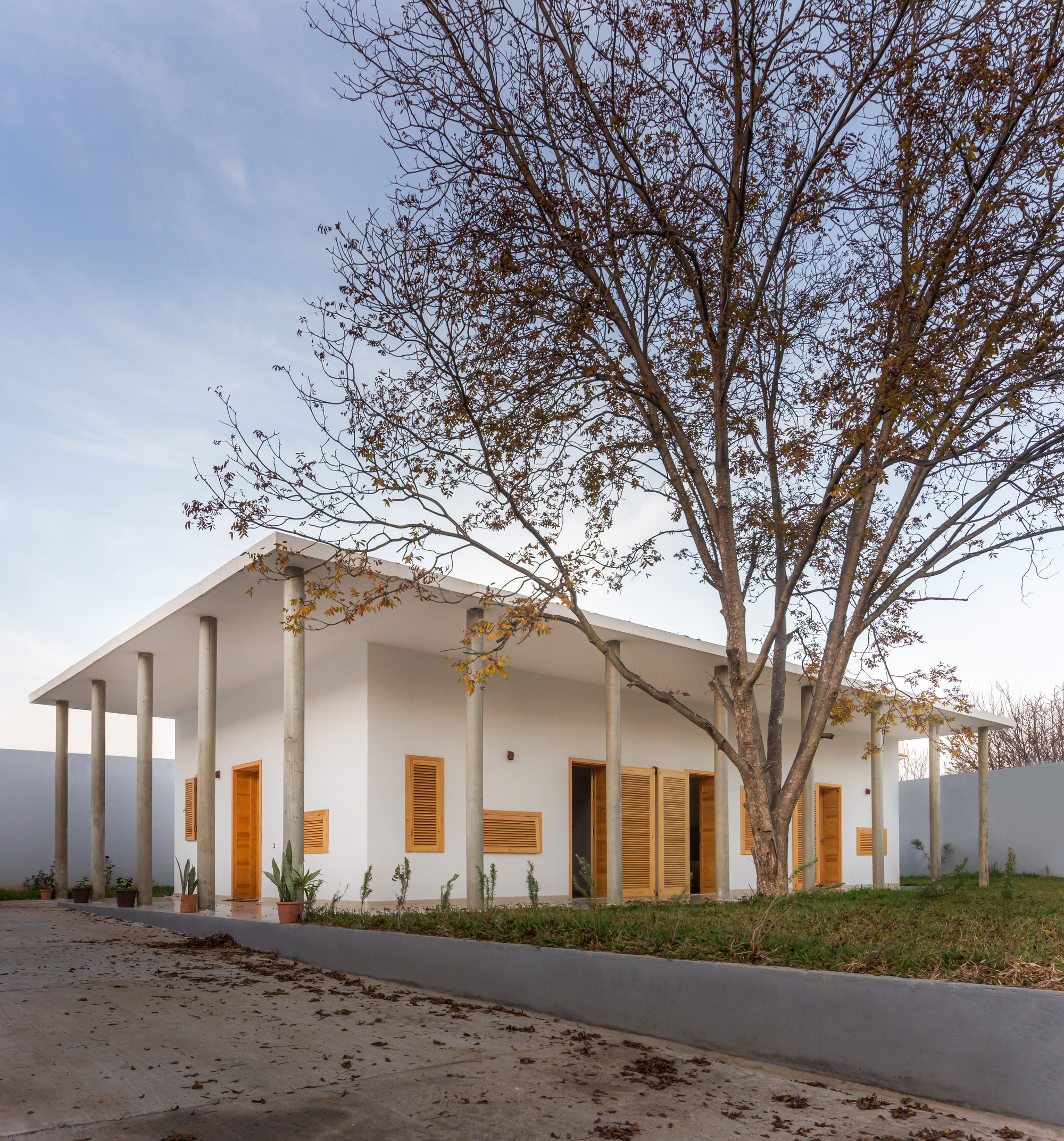 Gabled white volume with wood shutters and columned porch beneath a bare tree at dusk