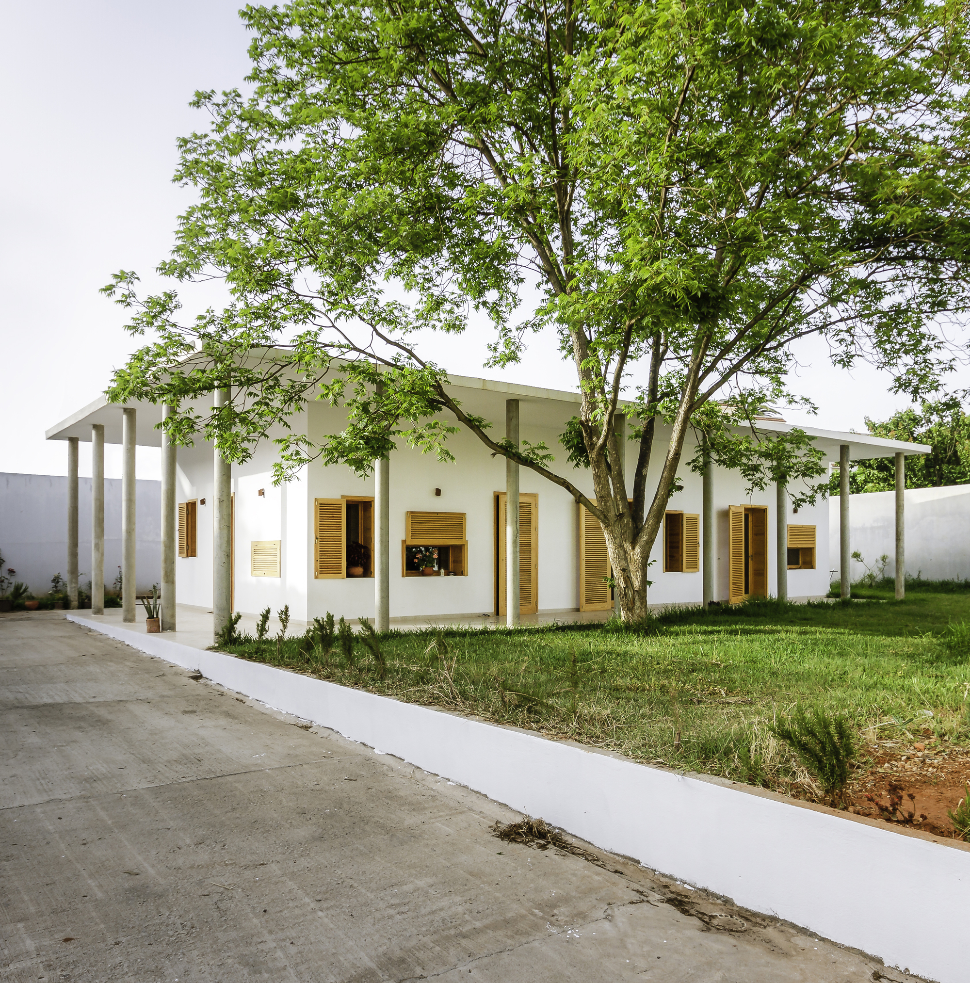Single-story white building with timber shutters and columned porch beneath a leafy tree and overcast sky