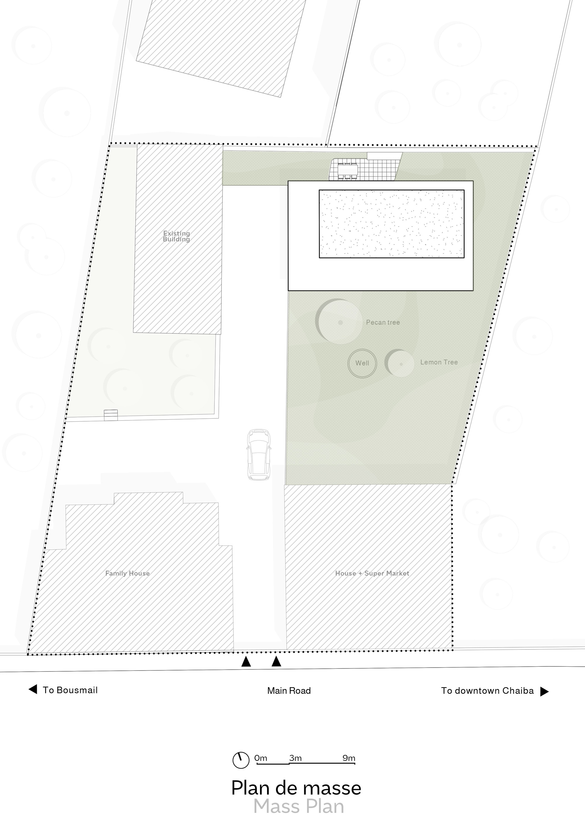 Site plan drawing showing rectangular building with courtyard pool and three circular trees on corner lot