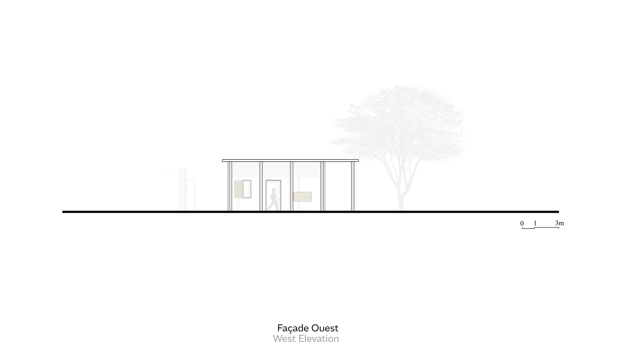 West elevation drawing showing entrance facade with door opening and nearby tree silhouette