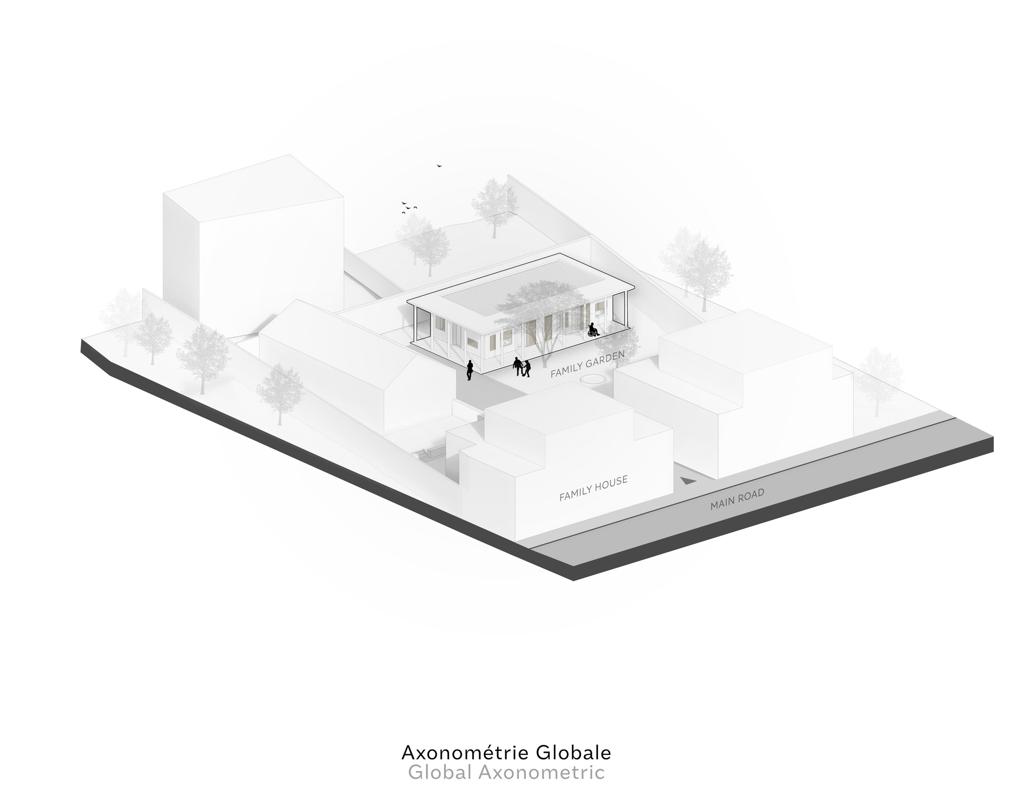 Axonometric drawing showing the residence positioned between surrounding block forms and adjacent street with trees