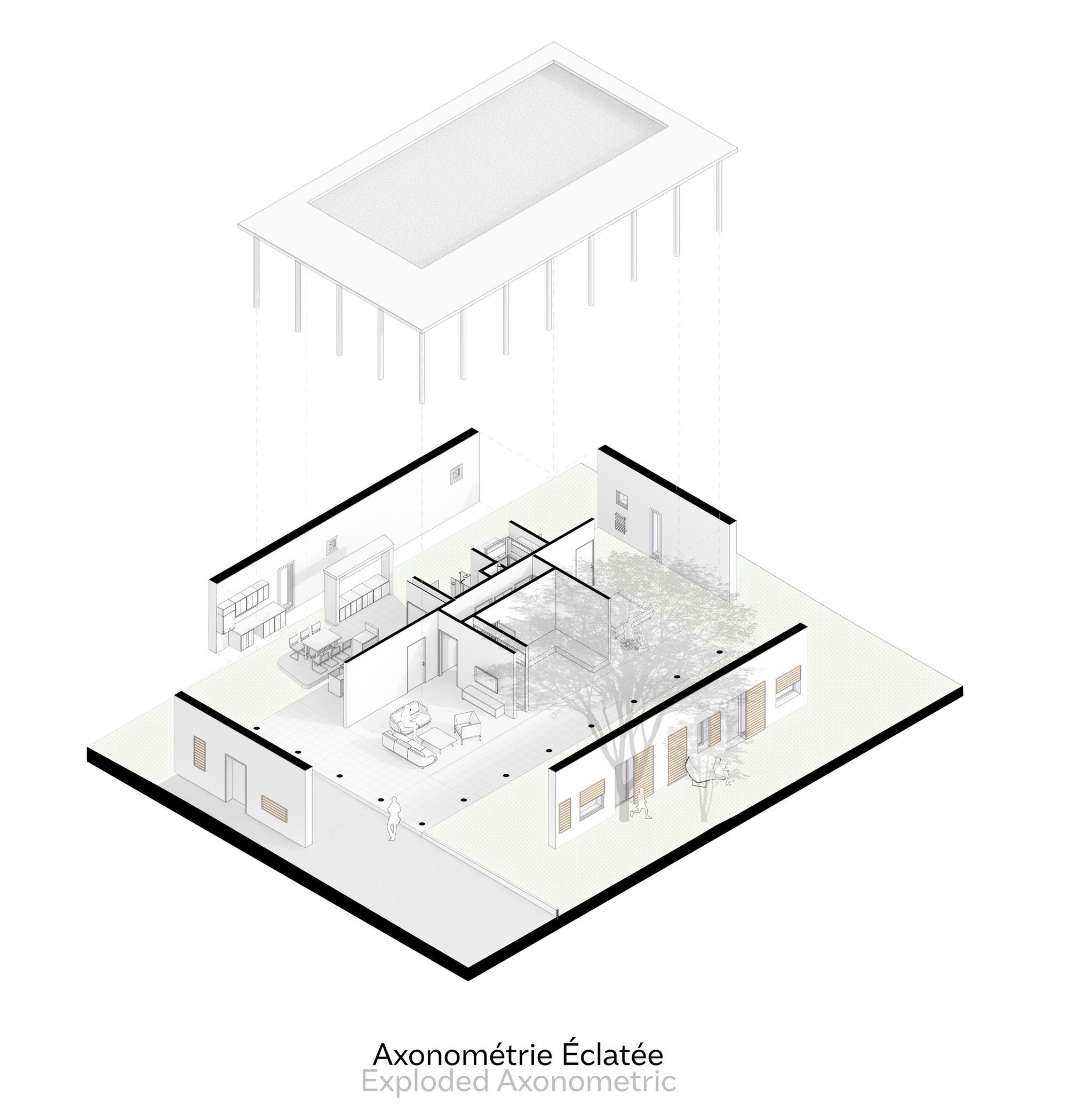 Exploded axonometric drawing revealing interior rooms, furniture layout, and structural columns beneath a gabled roof