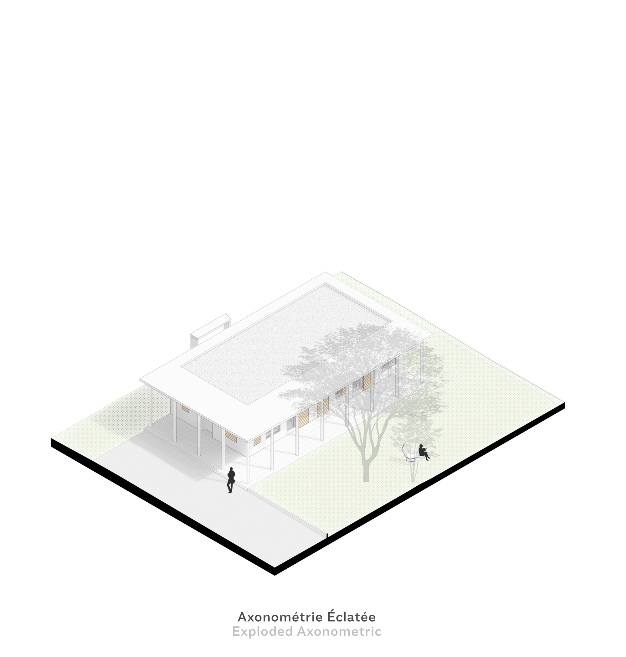 Axonometric drawing showing a courtyard with two figures and a tree beside a single-story pavilion