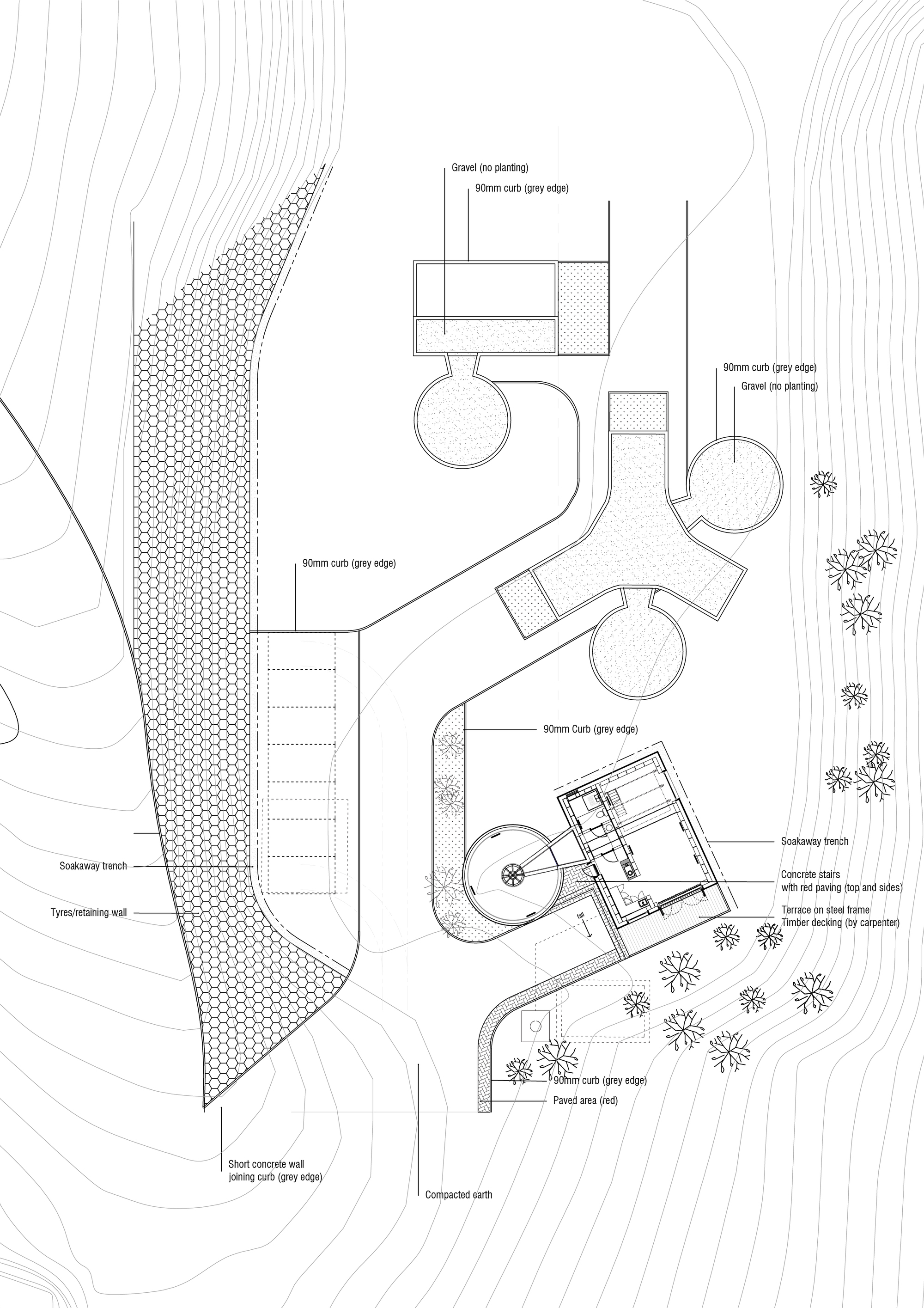 Site plan drawing showing circular structures connected by pathways amid topographic contours and landscaping