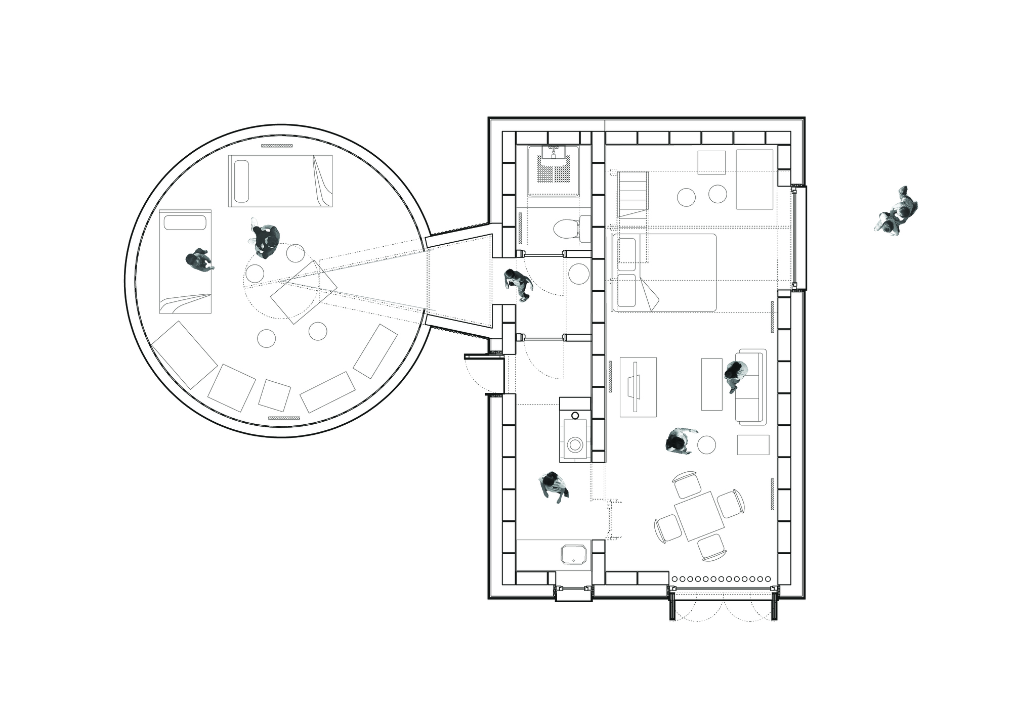 Floor plan drawing showing a circular room adjoining a rectangular volume with furniture layout