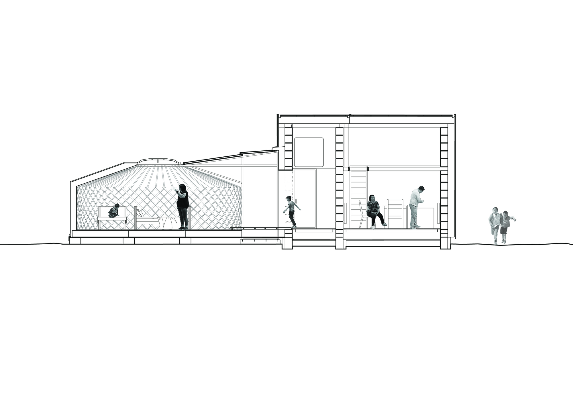 Section drawing showing a domed yurt joined to a two-story timber-framed structure with figures