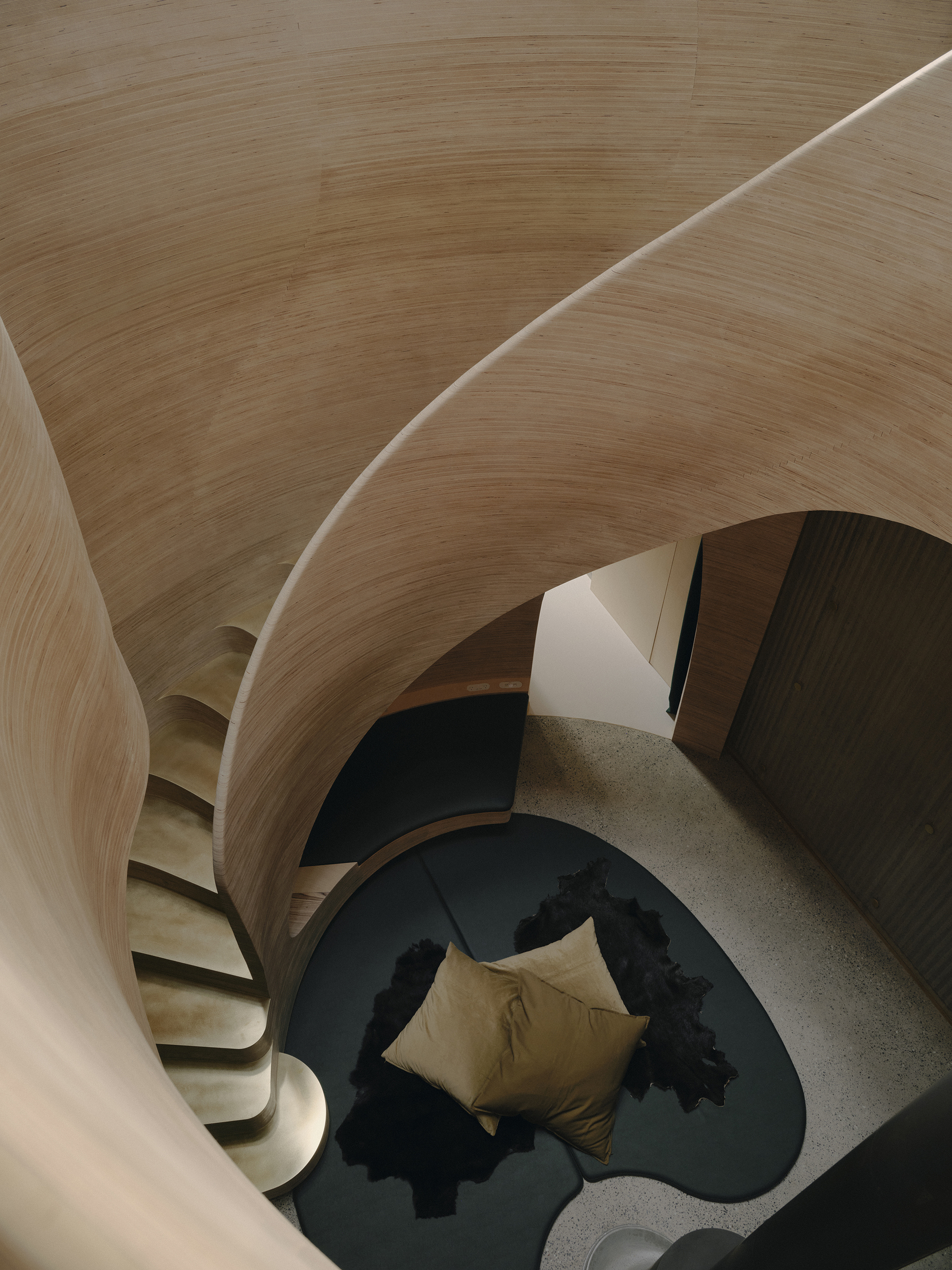 Top-down view of curved timber ceiling ribs over interior space with organic sleeping platform below