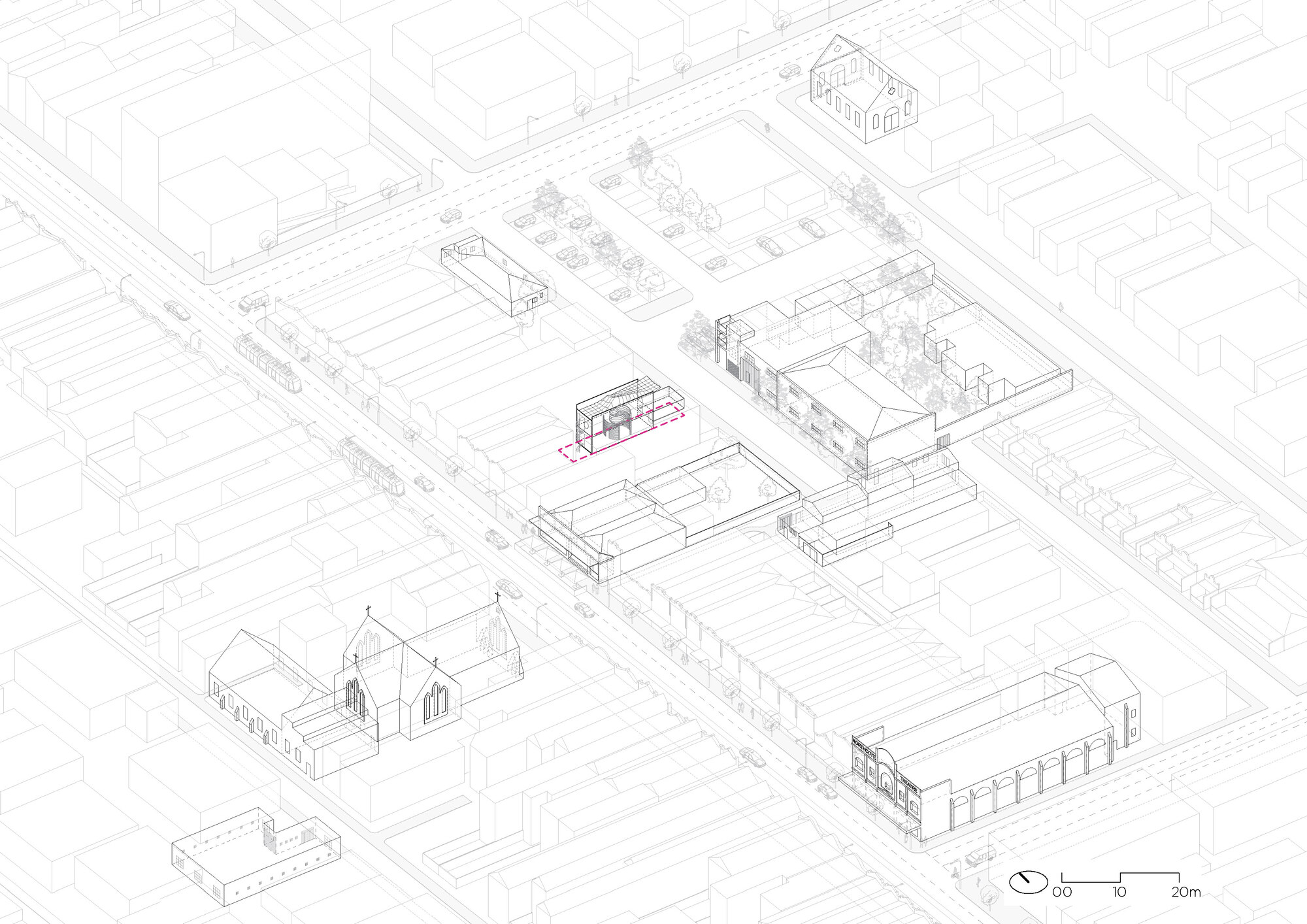 Axonometric site drawing showing multiple buildings arranged around courtyards and streets