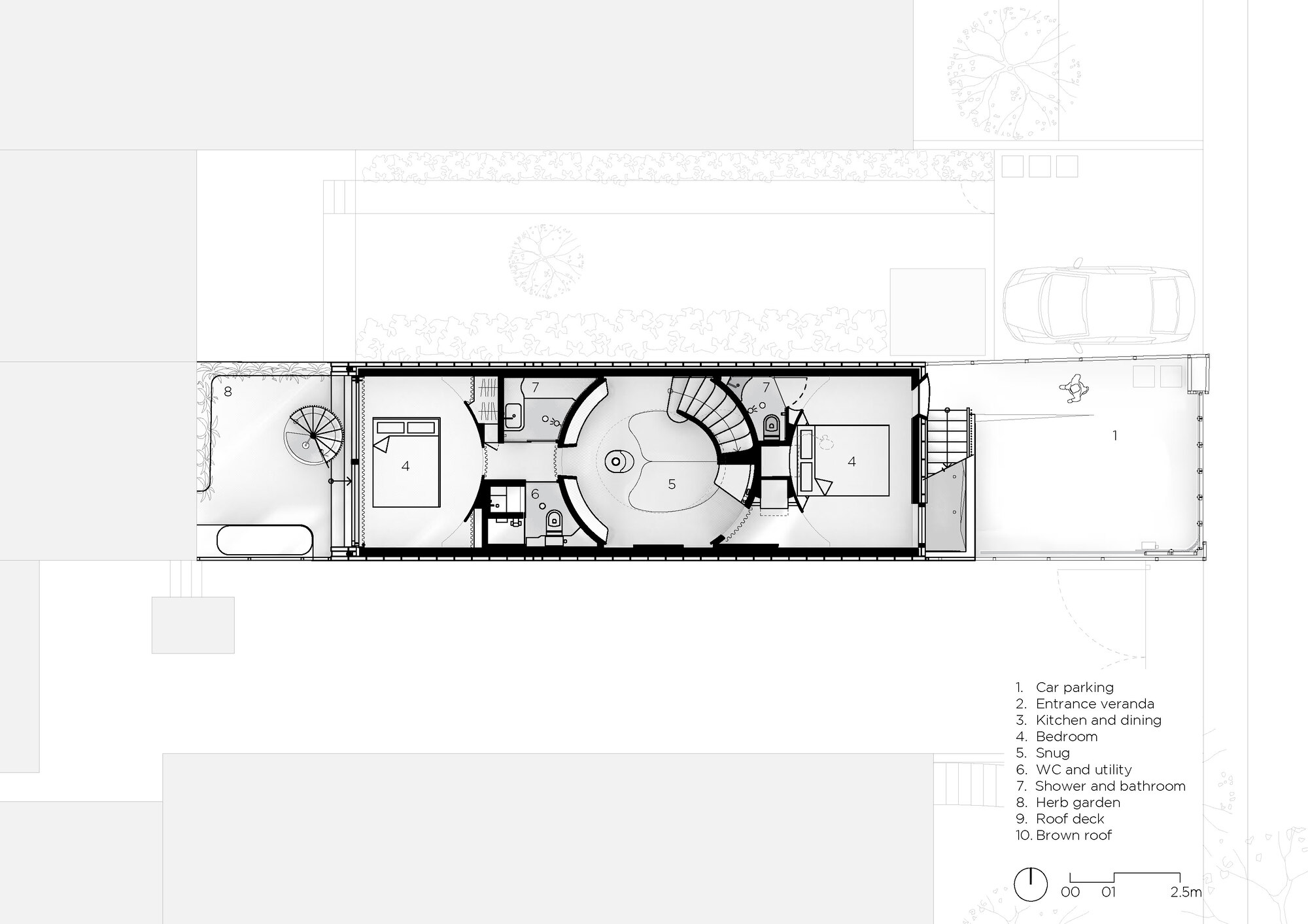 Floor plan drawing of a narrow residence with a central oval staircase and labeled rooms