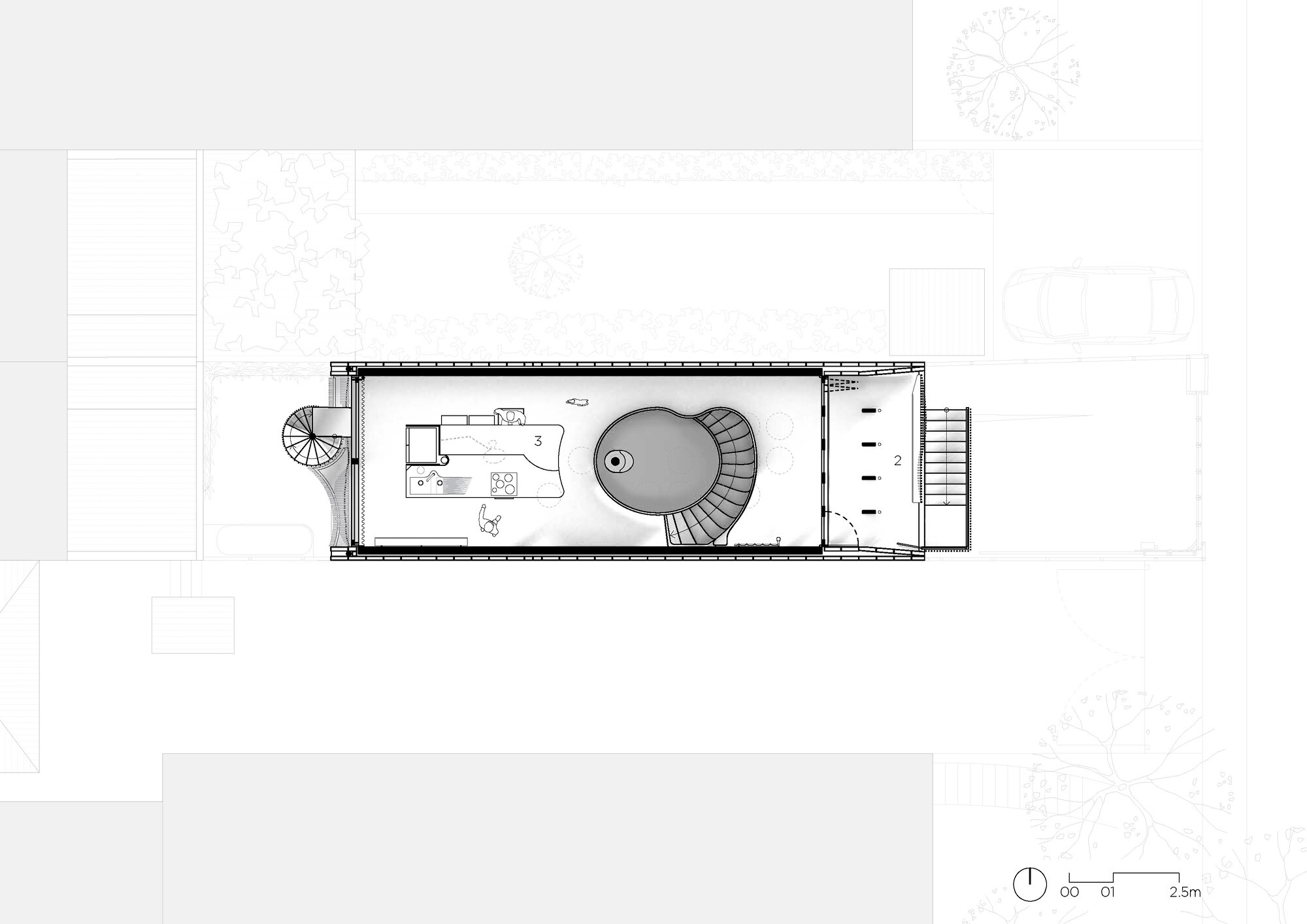 Floor plan drawing showing a narrow layout with kitchen, curved staircase and spiral stair at left