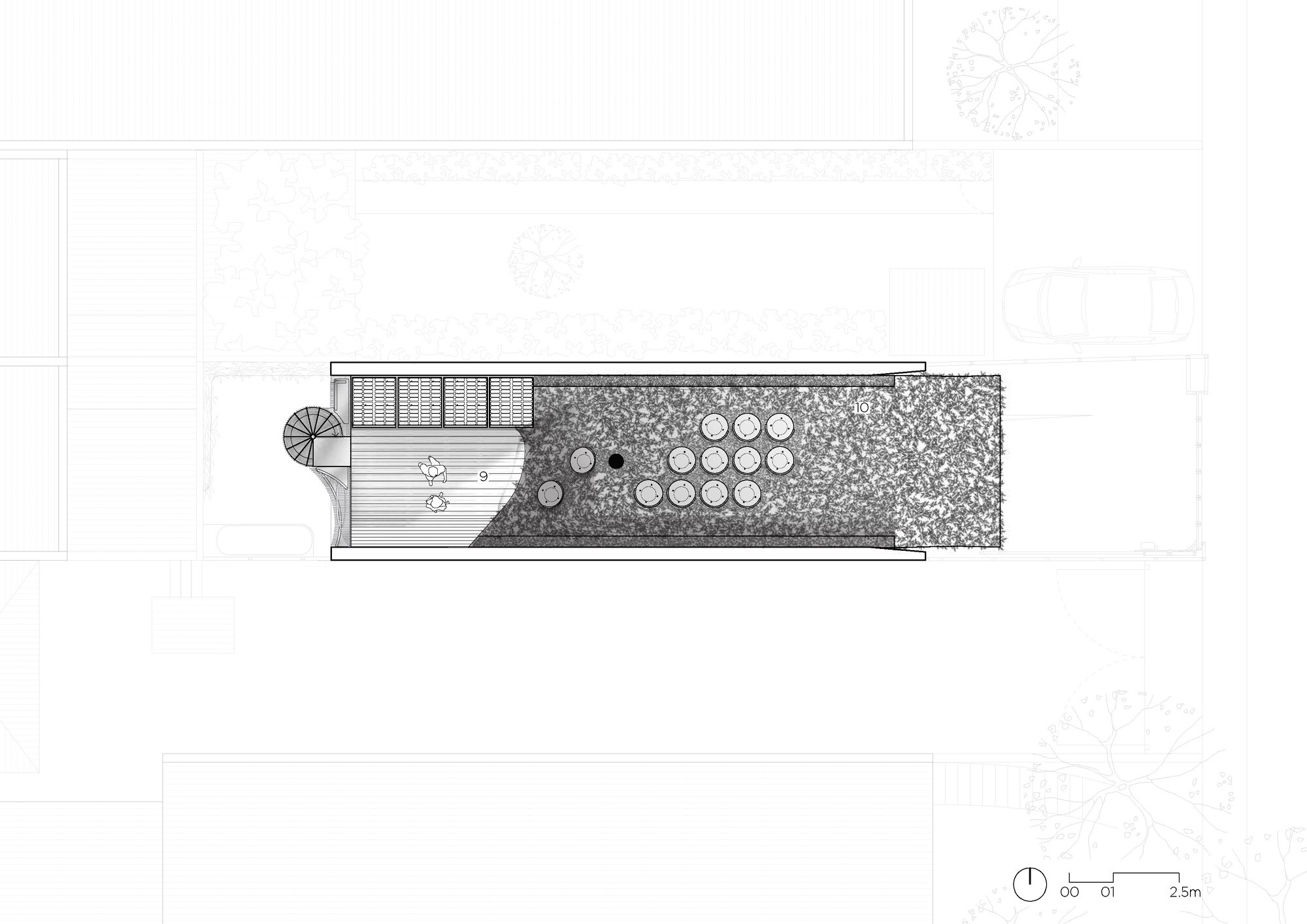 Roof plan drawing showing timber decking, circular planters and planted garden bed with trees