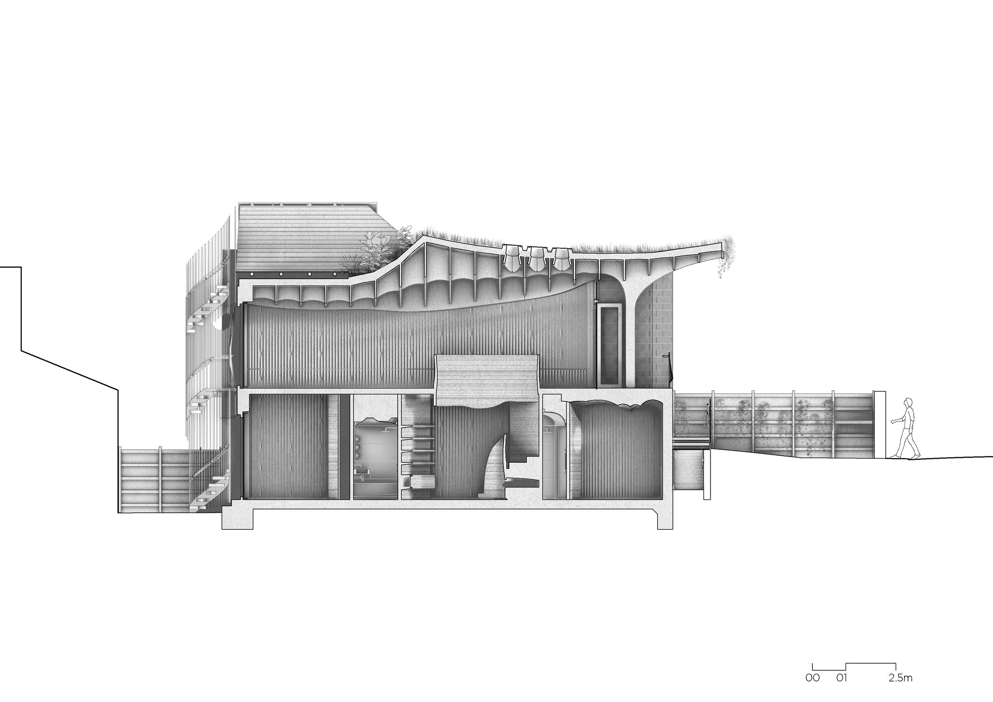 Section drawing revealing the curved staircase, exposed roof structure and interior spaces across multiple levels