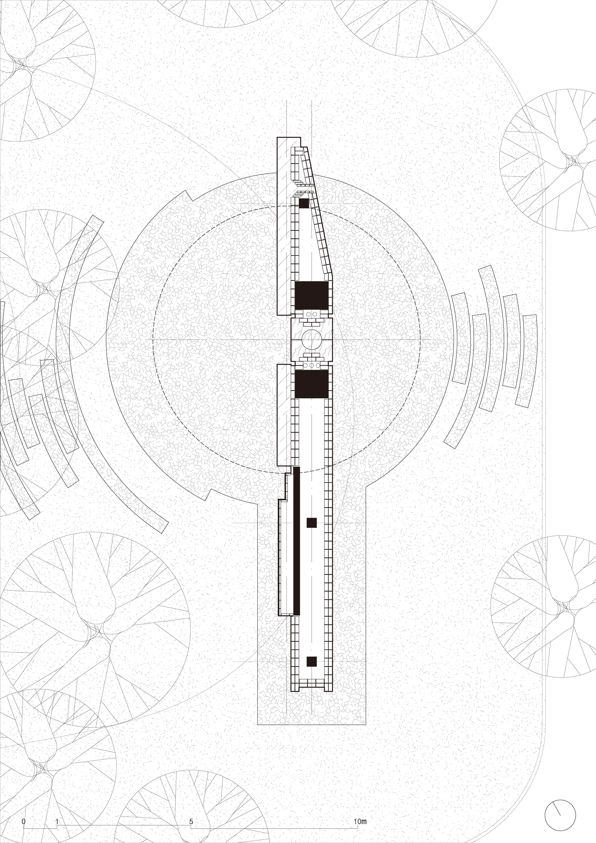 Site plan drawing showing an elongated building footprint surrounded by circular tree canopies and curved pathways