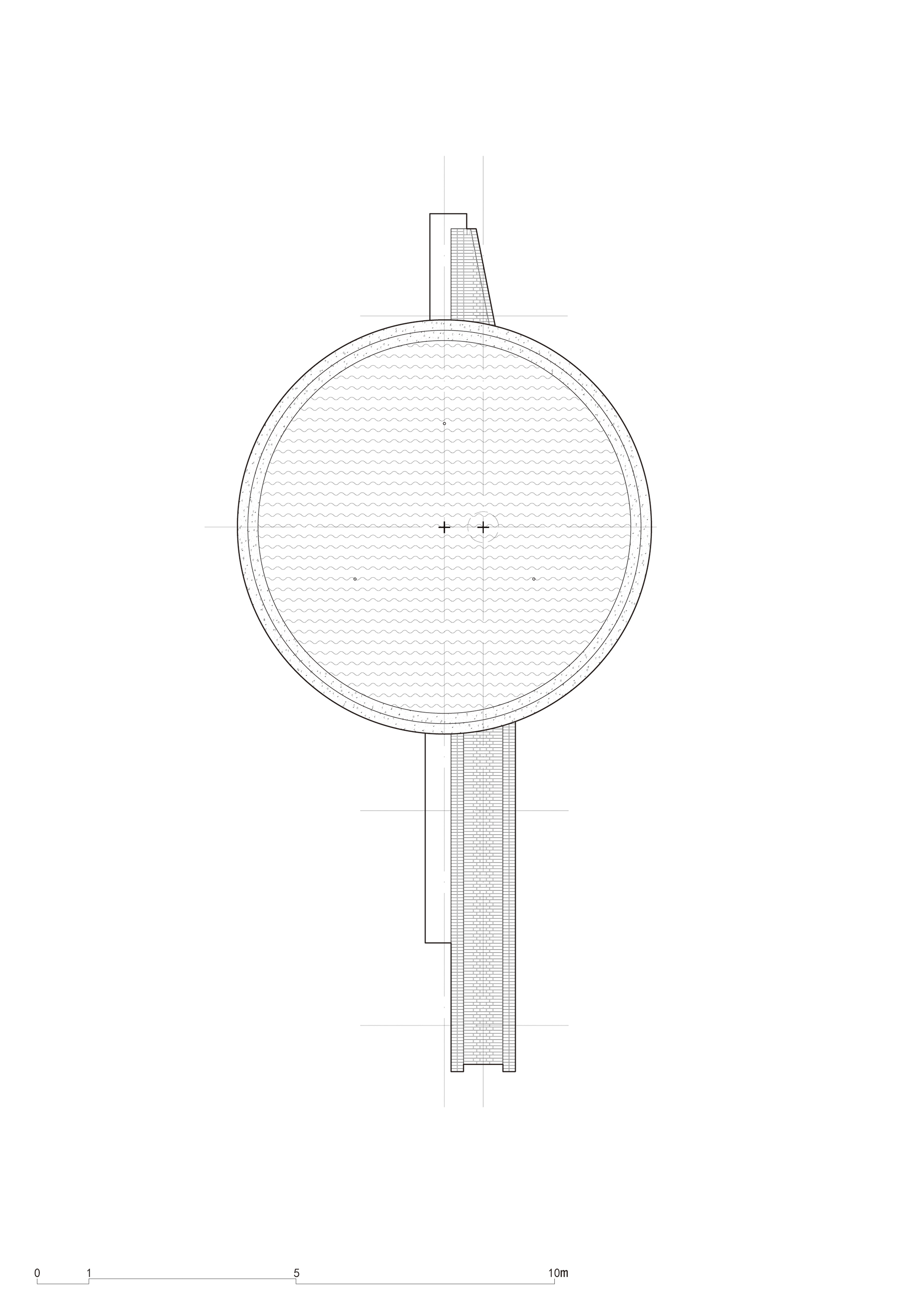 Plan drawing of a circular pavilion with a central core and radiating columns