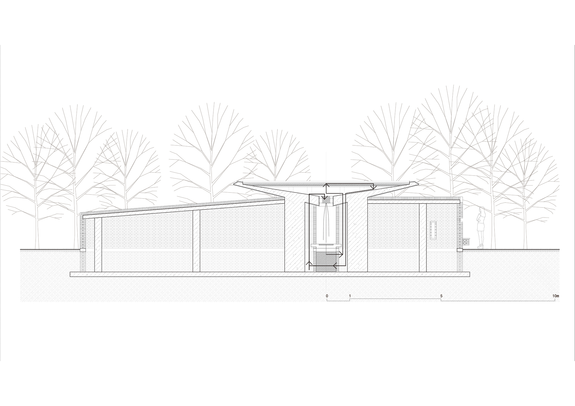 Elevation drawing showing a cantilevered roof pavilion sheltering a central core among trees
