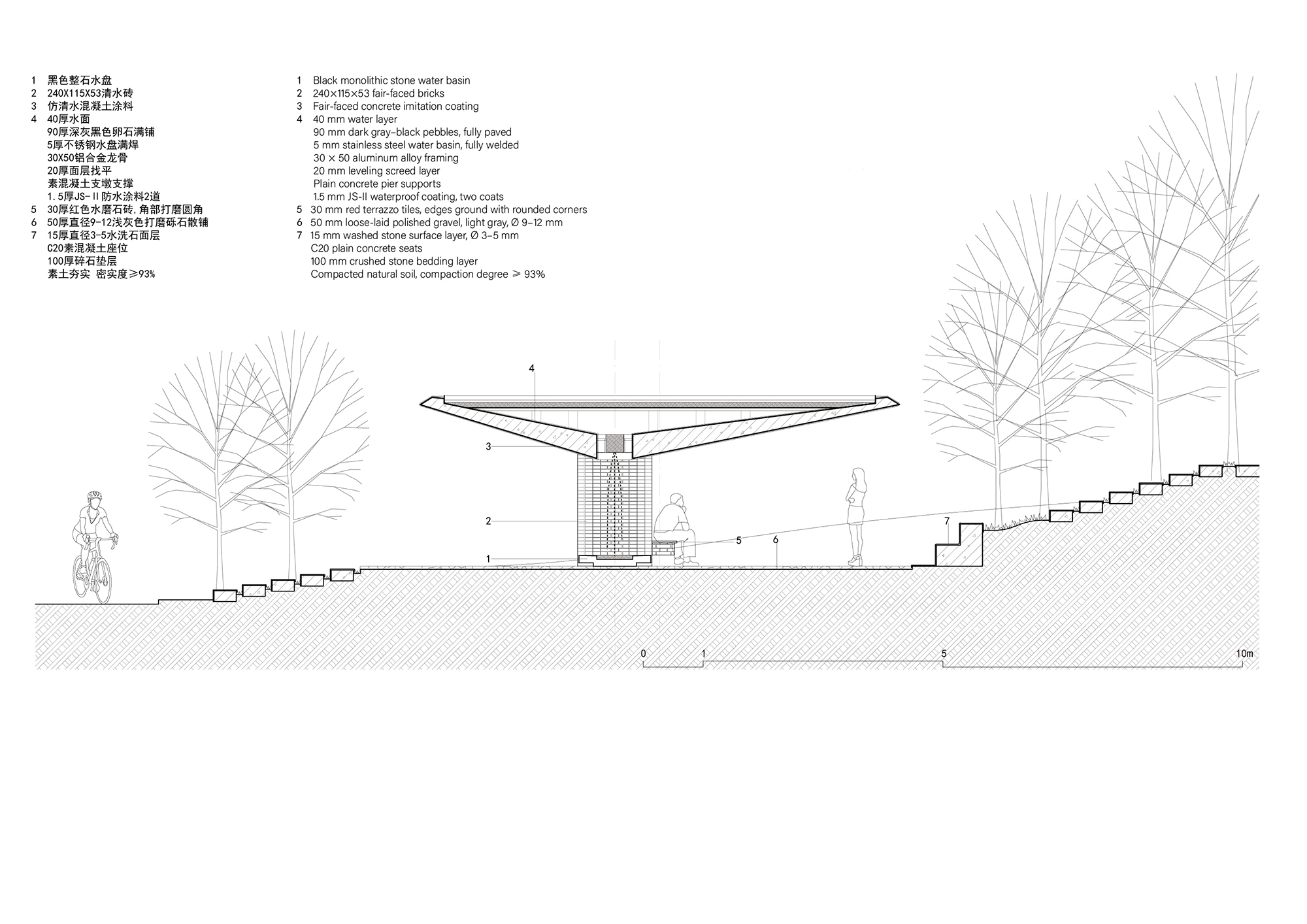 Section drawing depicting a pavilion with a canopy roof over stepped terrain with figures