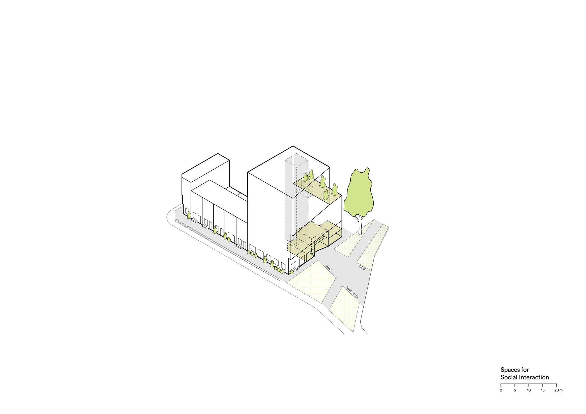 Isometric drawing depicting ground-level social spaces, courtyard, and street trees around the building base