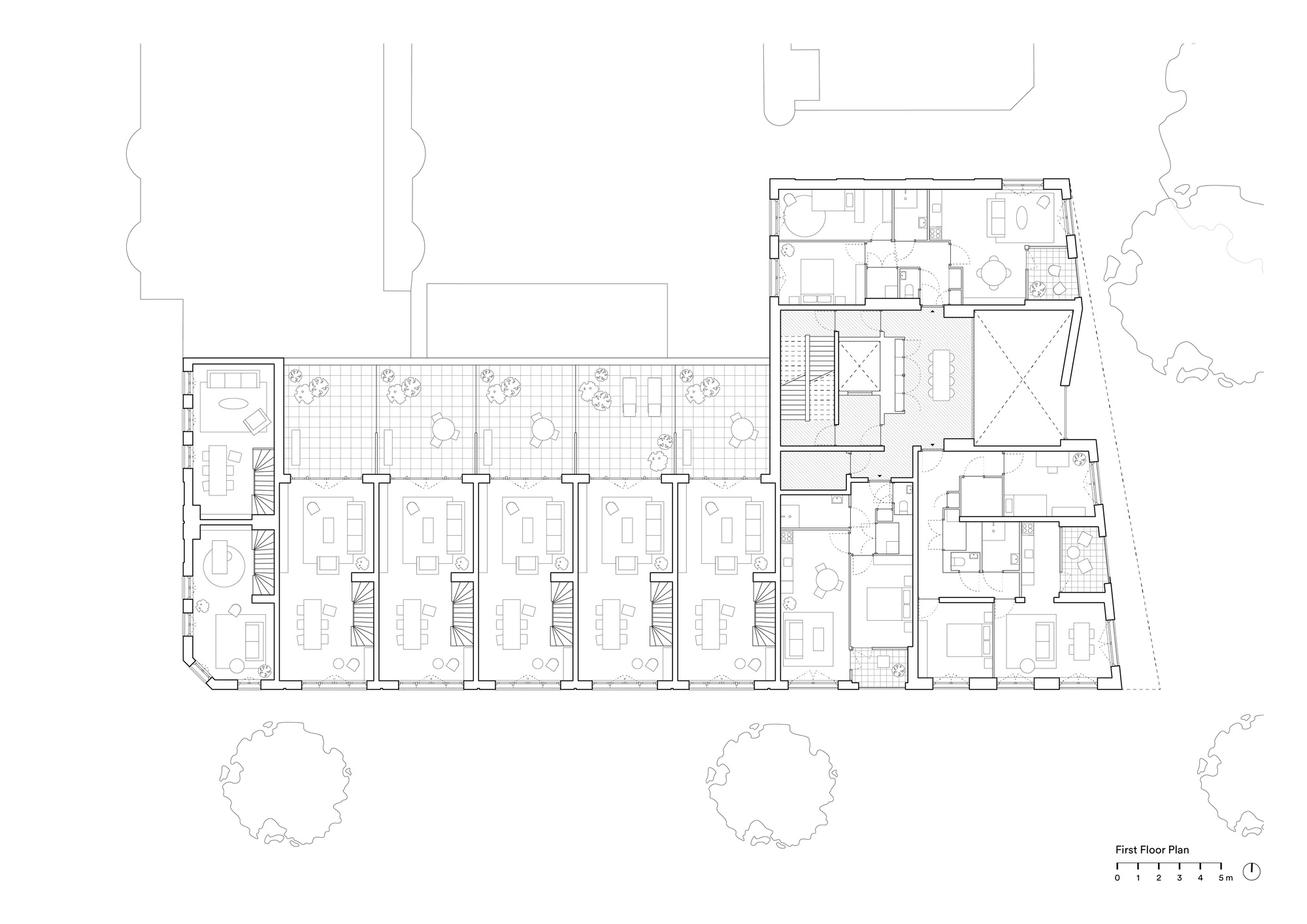 First floor plan drawing showing townhouse upper levels with private terraces and adjacent residential units