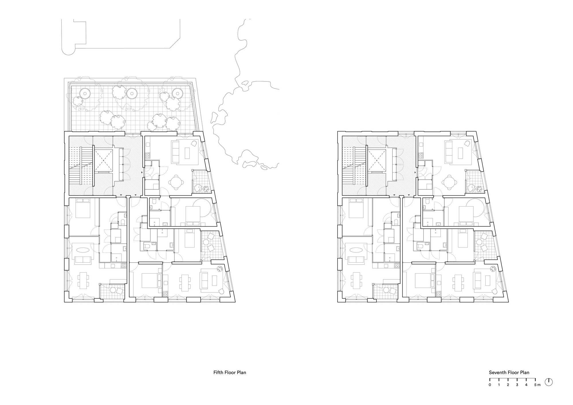 Fifth and seventh floor plan drawings comparing penthouse layouts with rooftop terraces