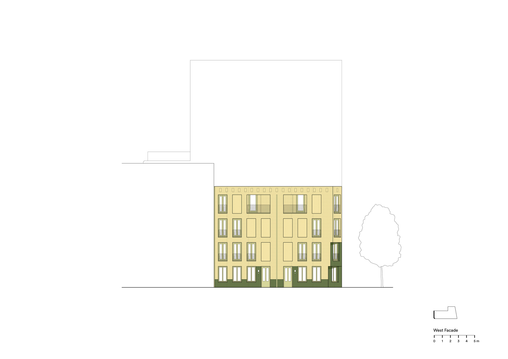 West facade elevation drawing of a low-rise volume with yellow panels and scattered window openings beside a tree