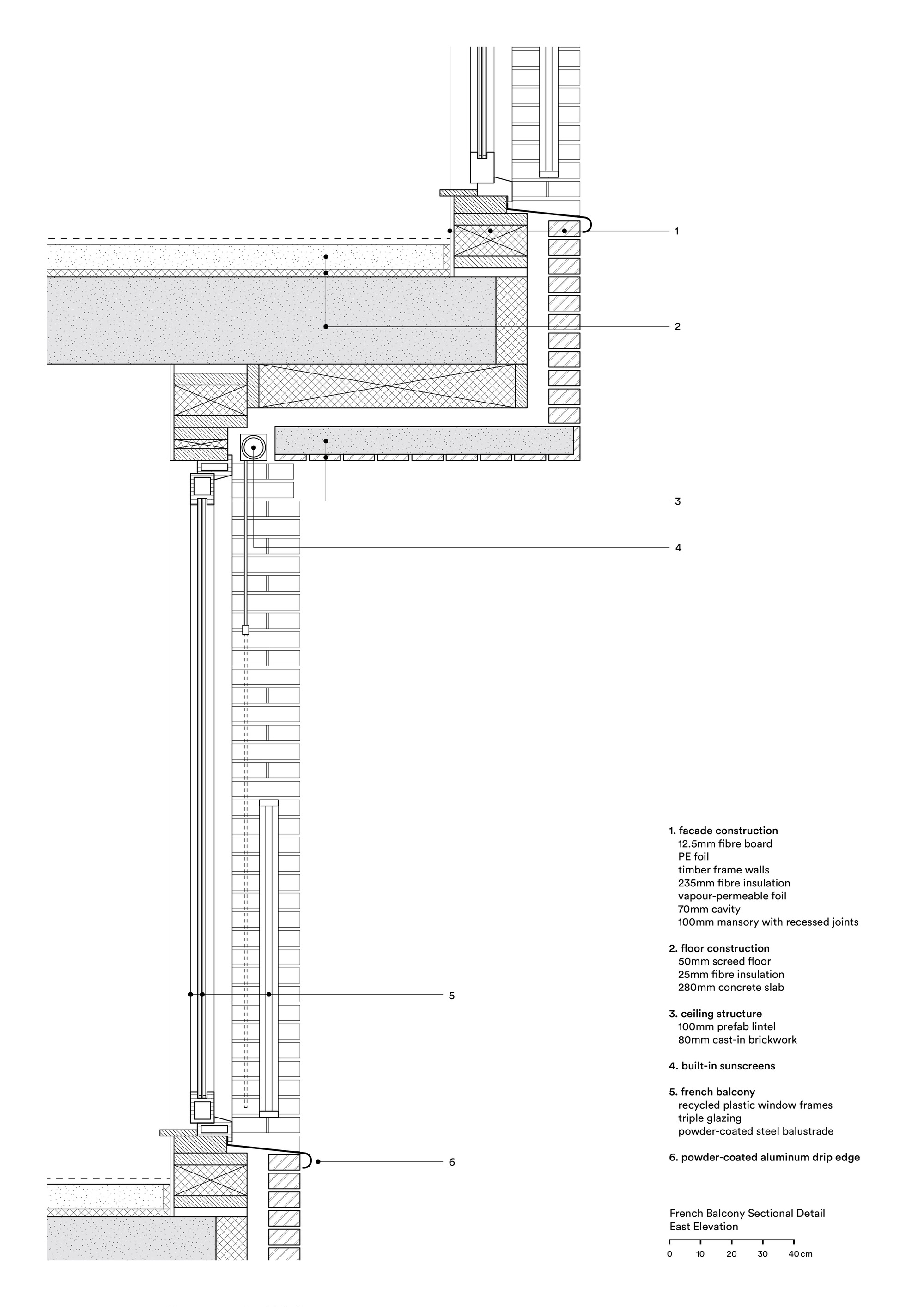 Wall section detail drawing showing facade construction layers, insulation, timber frame and floor-to-ceiling connection