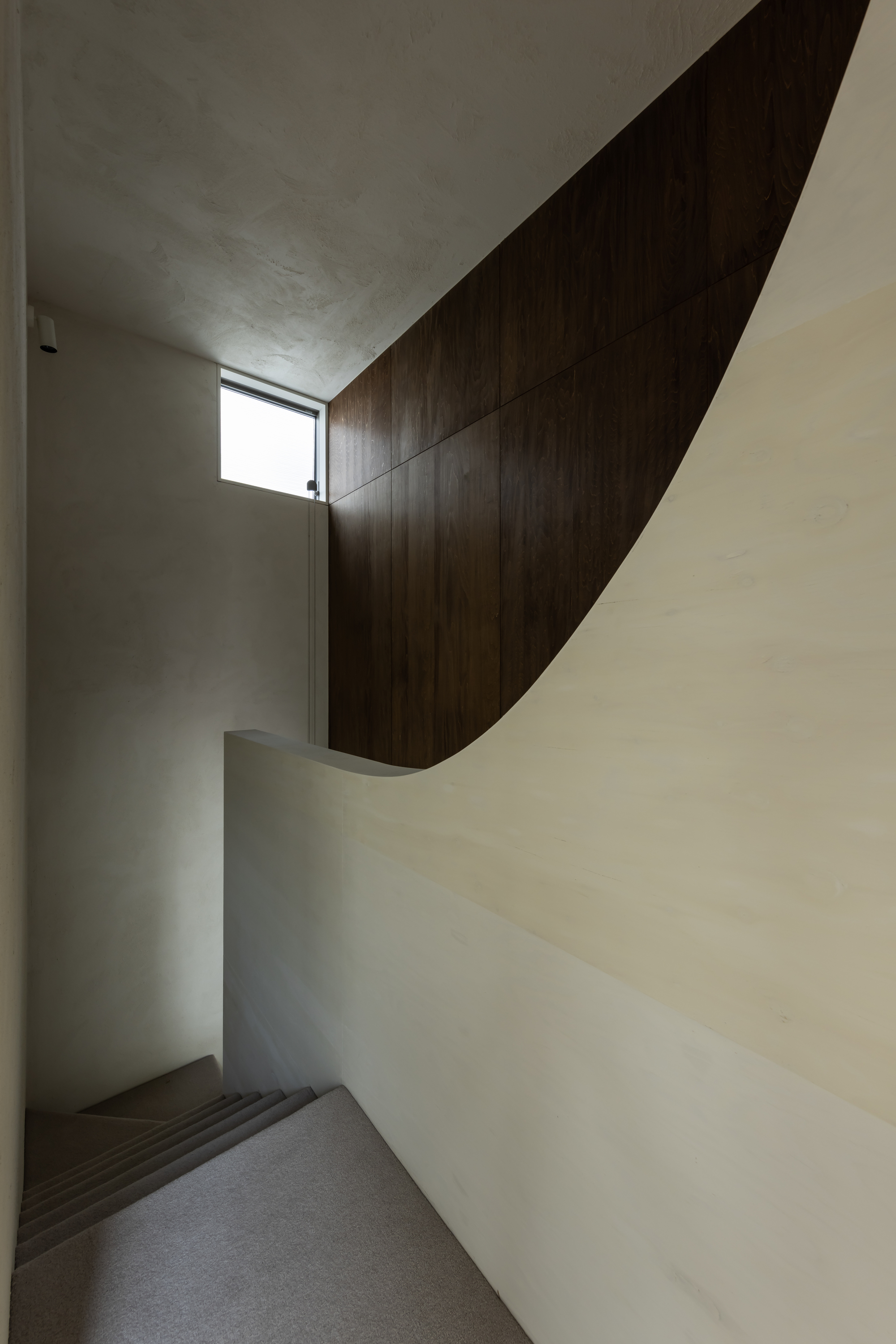 Staircase with sweeping dark wood panel wrapping the upper wall beneath a vaulted plaster ceiling