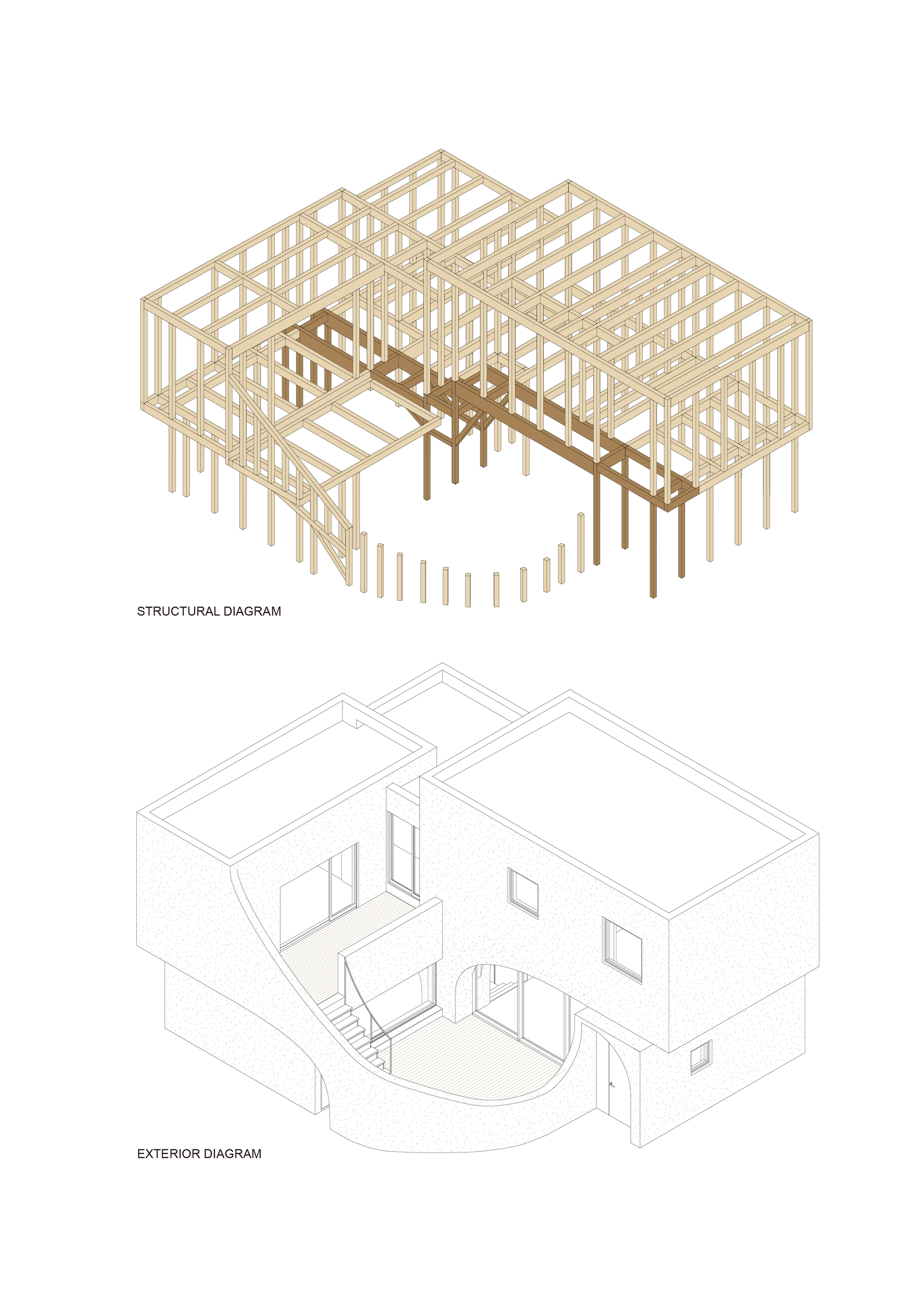 Axonometric structural diagram and isometric exterior diagram showing the timber frame and curved interior volumes